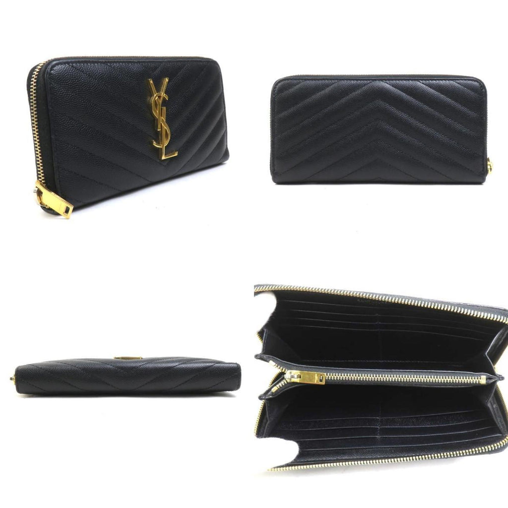 Saint Laurent round long wallet in black and gold leather for women (h31776g)