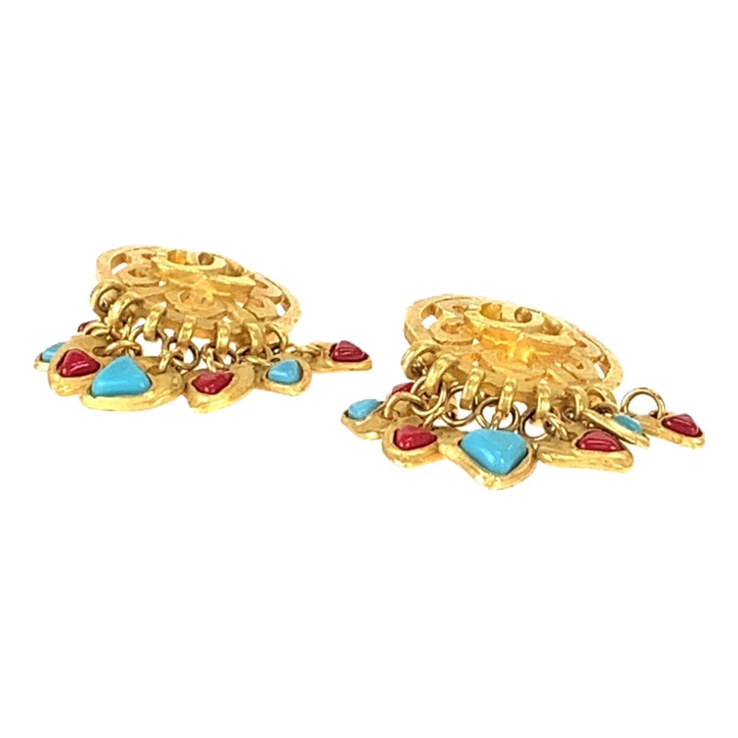 CHANEL Vintage Coco Mark Stone Gold, Red, and Blue Plated Swing Earrings for Women