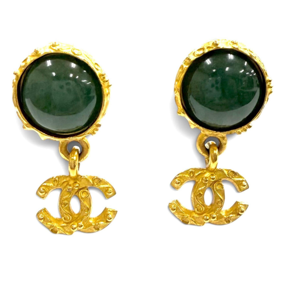 CHANEL Vintage 96A Gripoix Coco Mark Swing Earrings, Green with Gold Hardware, Made in France, Women's — Like New