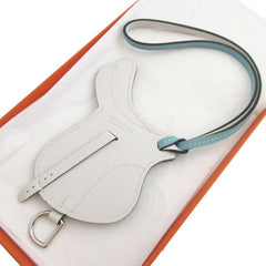 Like new Hermes Paddock Cells Swift Blue Atoll White Bag Charm Keychain 1355HERMES — Like New