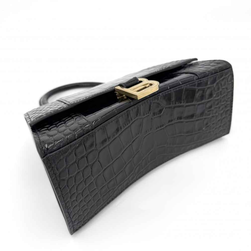 Balenciaga Women's Hourglass Small Handbag Shoulder Bag Crossbody HOURGLASS Crocodile Embossed Leather Top Handle BALENCIAGA 593546 Black Antique Gold Hardware — Like New