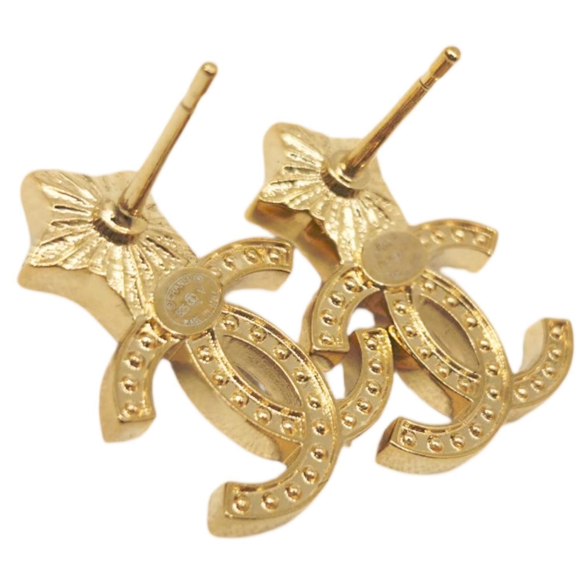CHANEL Star Earrings, Metal, Gold, B25V, Rhinestone, Coco Mark, White, Women's — Like New