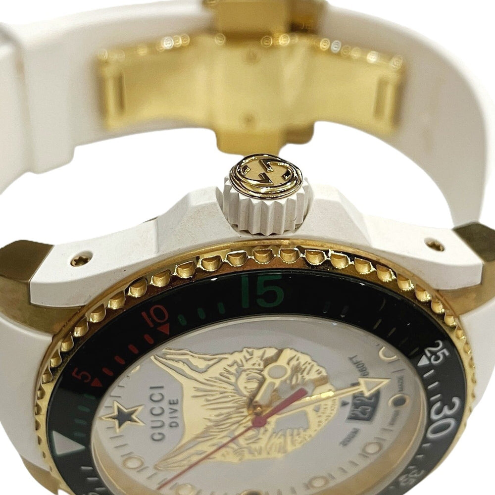 Gucci Dive Mystic Cat watch, total weight 108g, stainless steel, rubber strap, quartz movement, white and gold dial, 136.3 — Good