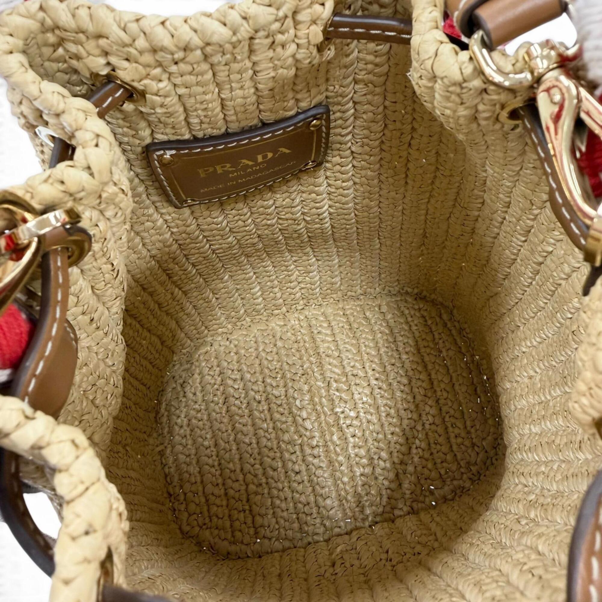 PRADA 1BE068 Crochet Mini Bucket Bag with Triangle Logo, Leather Accents, Raffia, 2-Way Shoulder Bag/Handbag, Natural Finish, Made in Italy, Women's, Dust Bag — Like New