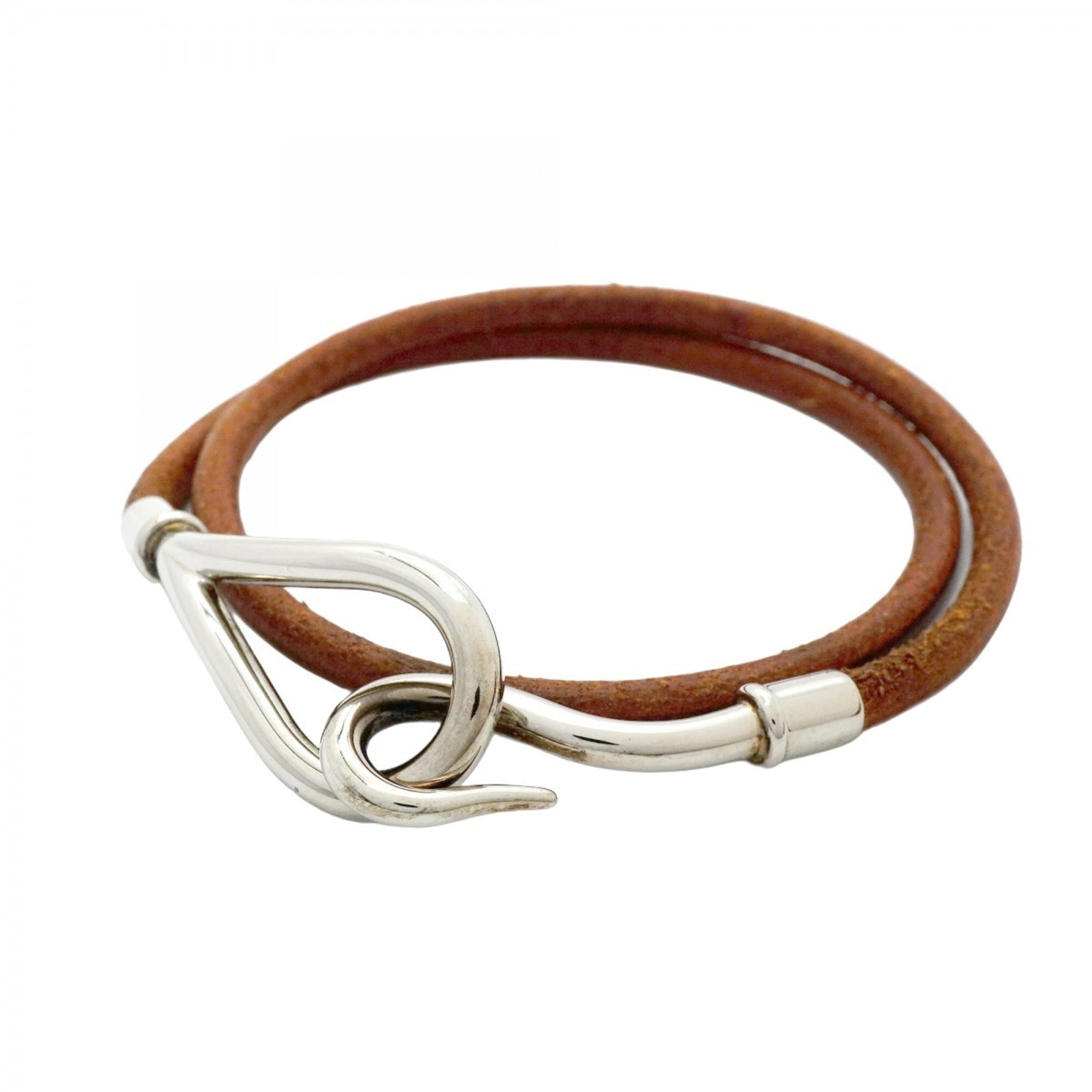 Hermes Jumbo Hook Bracelet, Metal, Leather, Silver, Brown, Women's