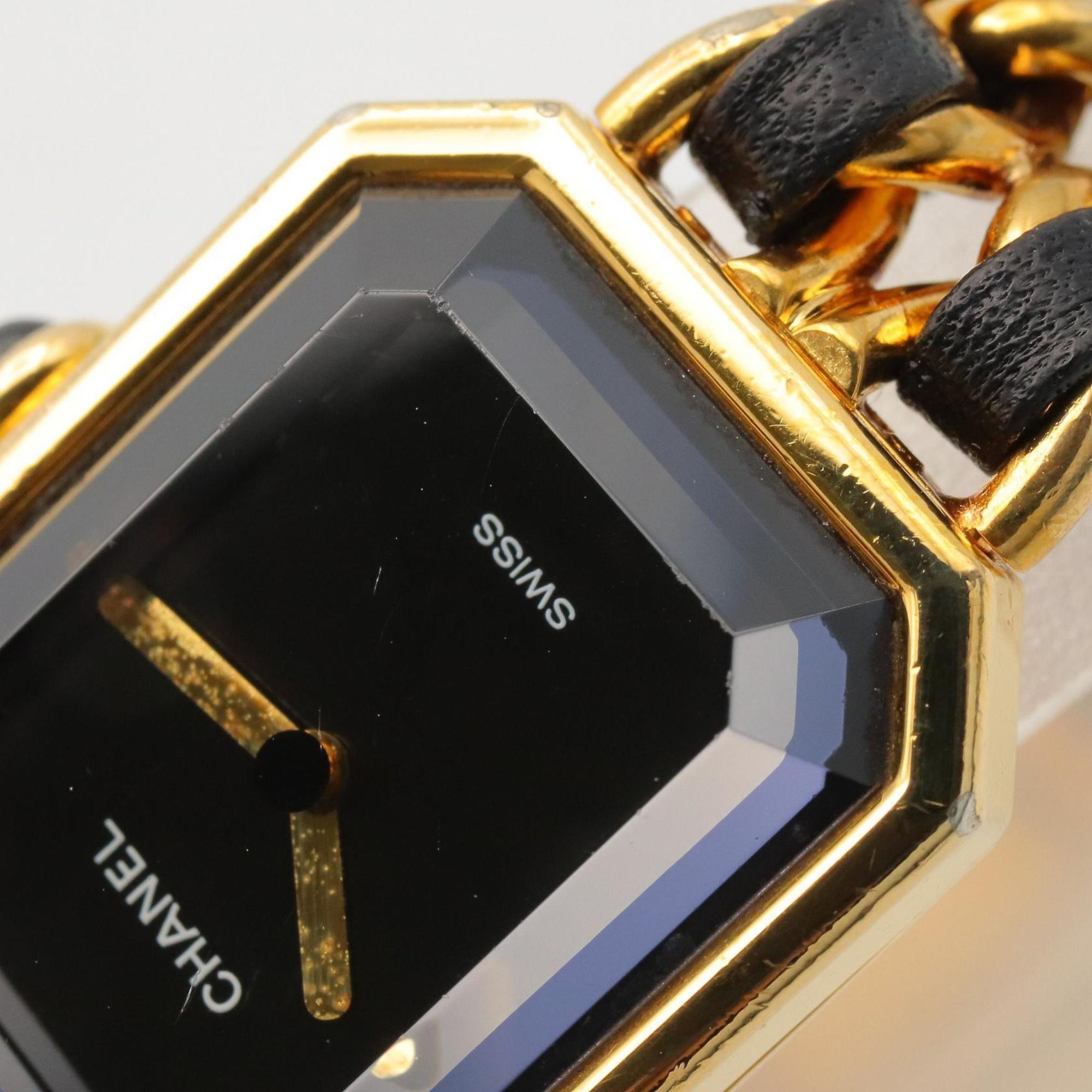 CHANEL Premiere M Watch, Gold-Plated, with Leather Strap, Black, Women's, H0001 — Very Good