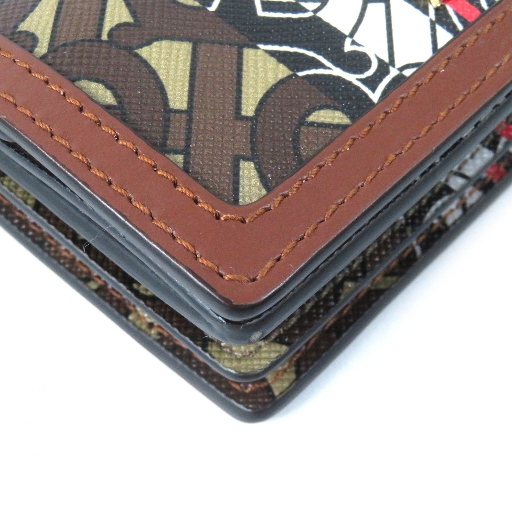 BURBERRY TB All-Over Print Compact Chain Wallet, Leather Bifold Brown, Women's