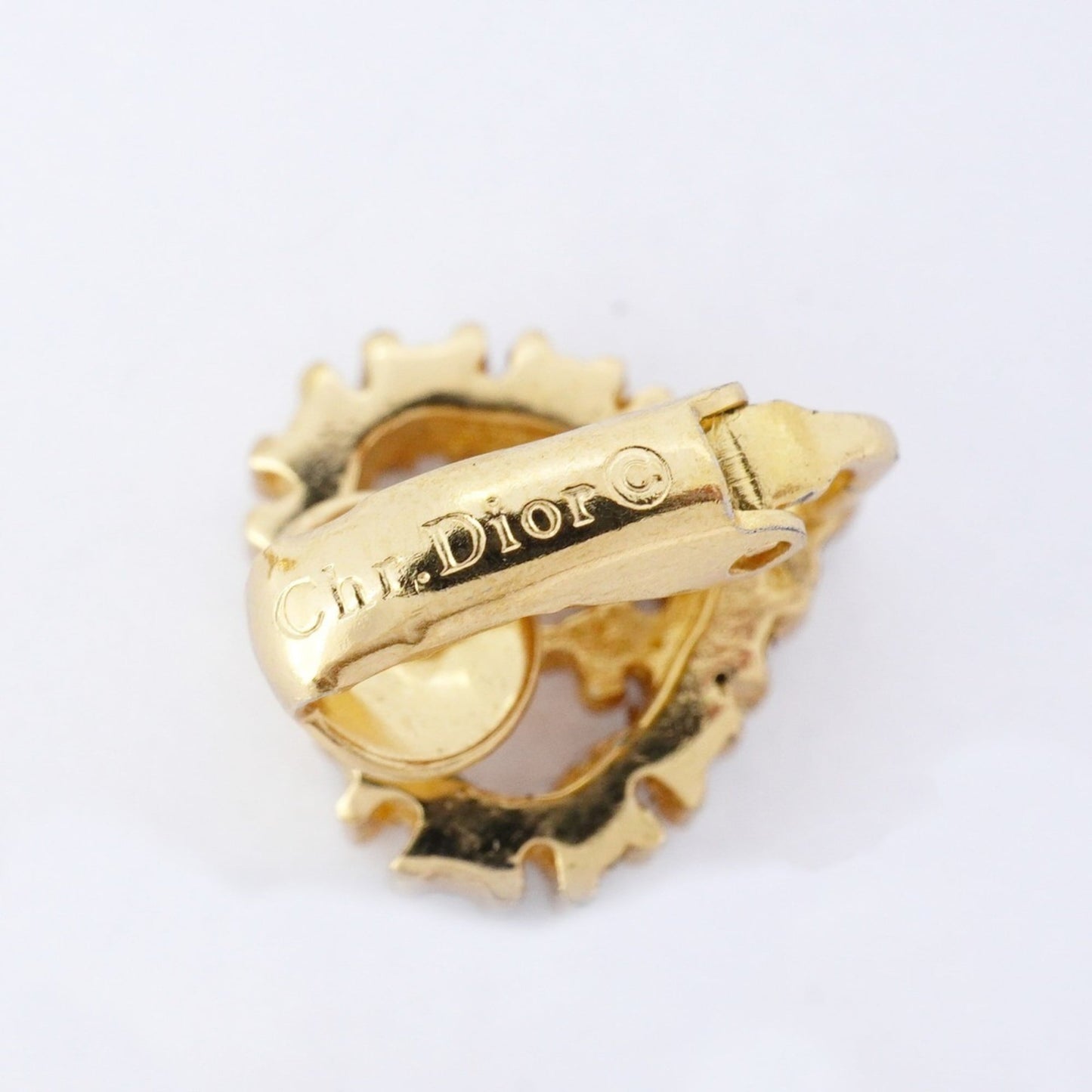 Christian Dior earrings, heart motif, GP plated, rhinestone, gold, for women.