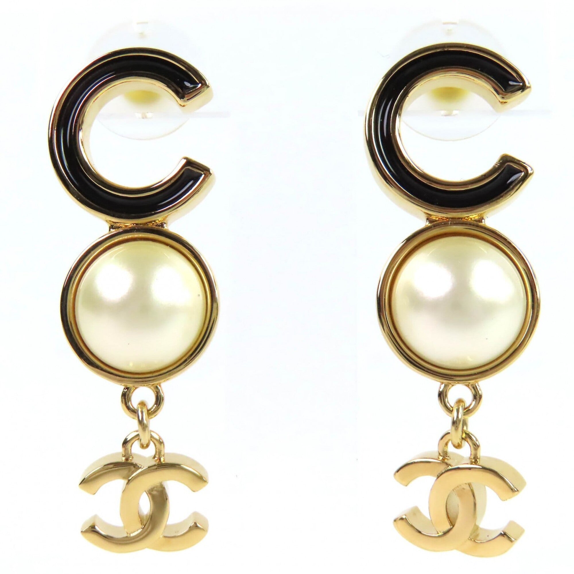 CHANEL ABE234 Coco Mark COCO Logo Faux Pearl Earrings (Pair) Gold Black Made in Italy Women's — Like New