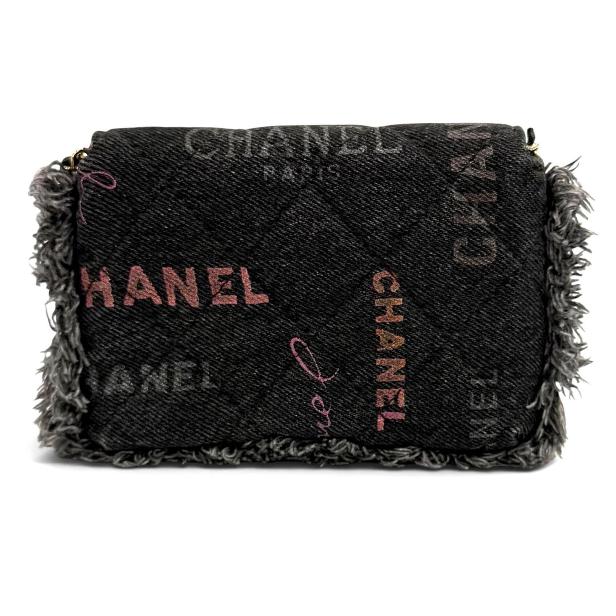 CHANEL Coco Mark Mini Matelassé Denim Leather Chain Fringe Bag Shoulder Black Multi Made in France Women's with Box and Dust — Like New