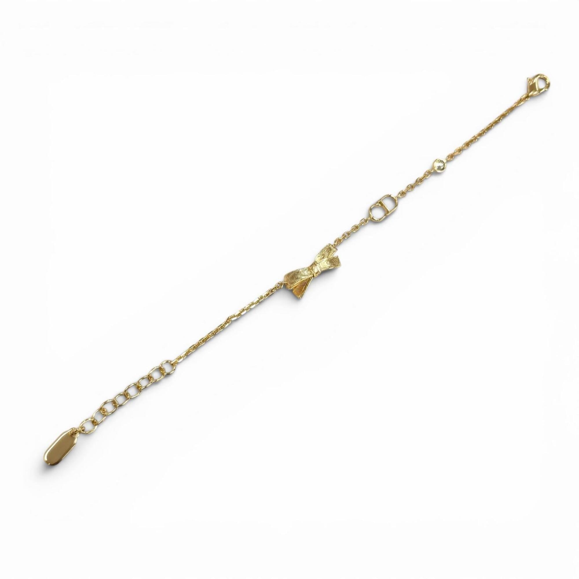 Christian Dior DIOR B3335 WOMCY CD Bow (Current Model) - 17cm total length, ribbon rhinestone bracelet, gold, women's, with box and dust bag — Like New