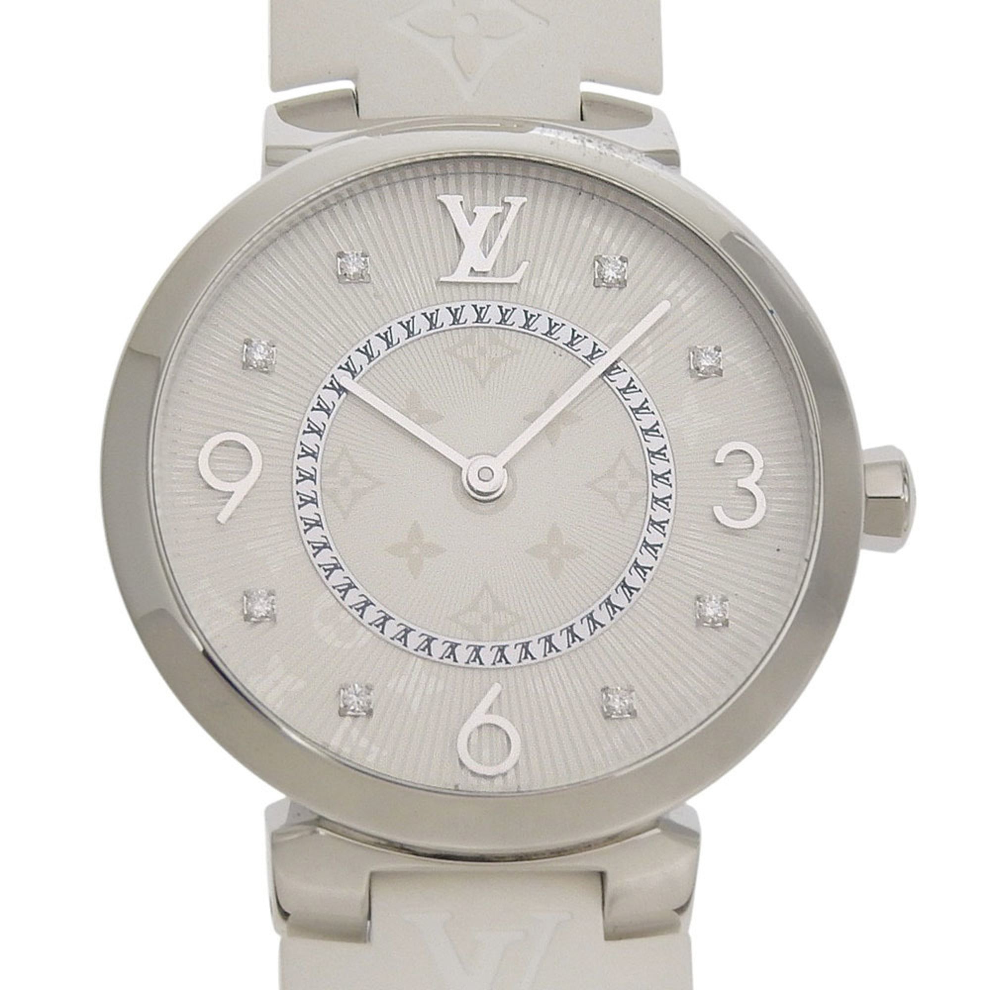 Like new Louis Vuitton Tambour MM Q13MJ white dial watch with 8 diamonds, stainless steel and rubber case, quartz movement, 33mm — Like New