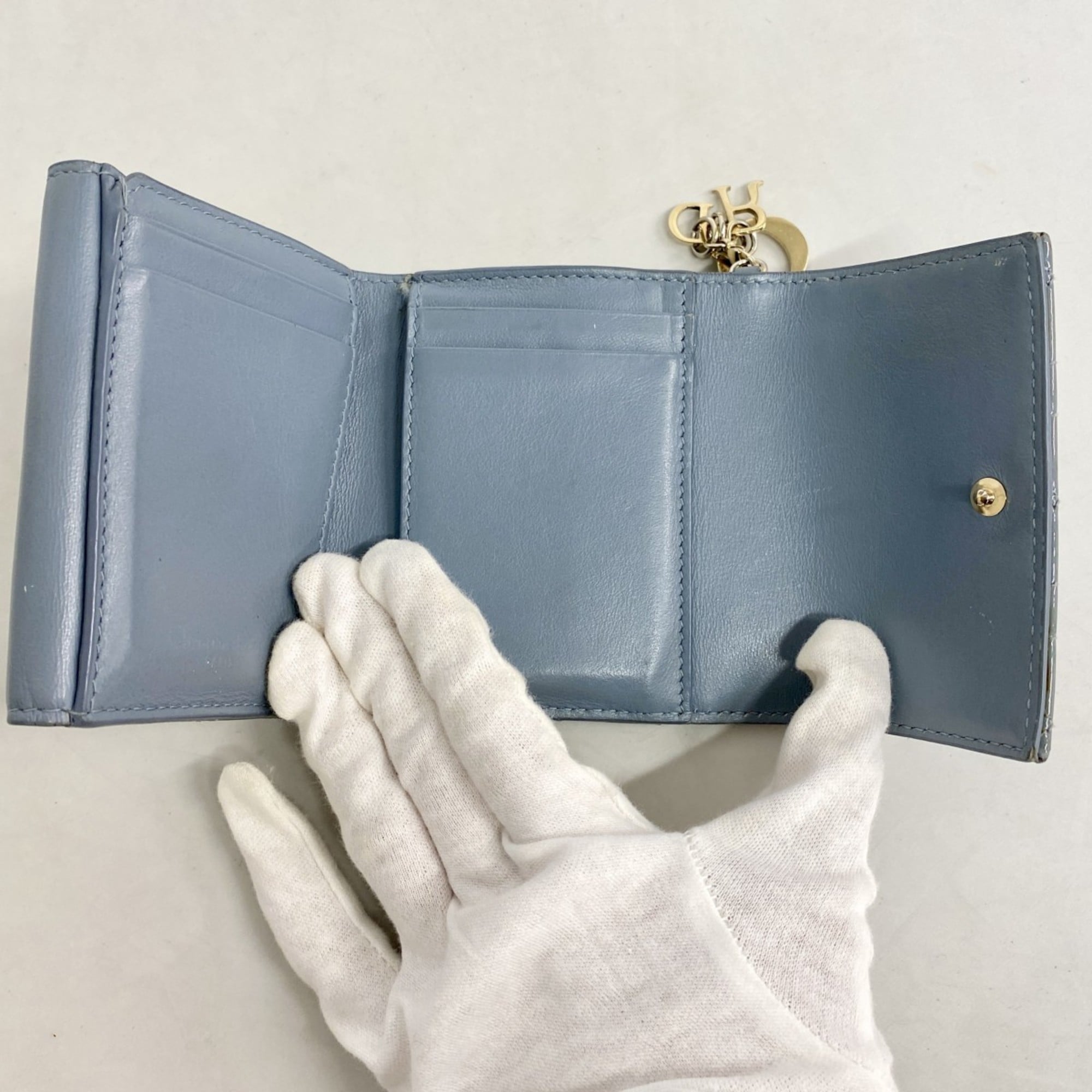 Christian Dior Tri-fold Wallet Cannage Enamel Blue Gray Women's