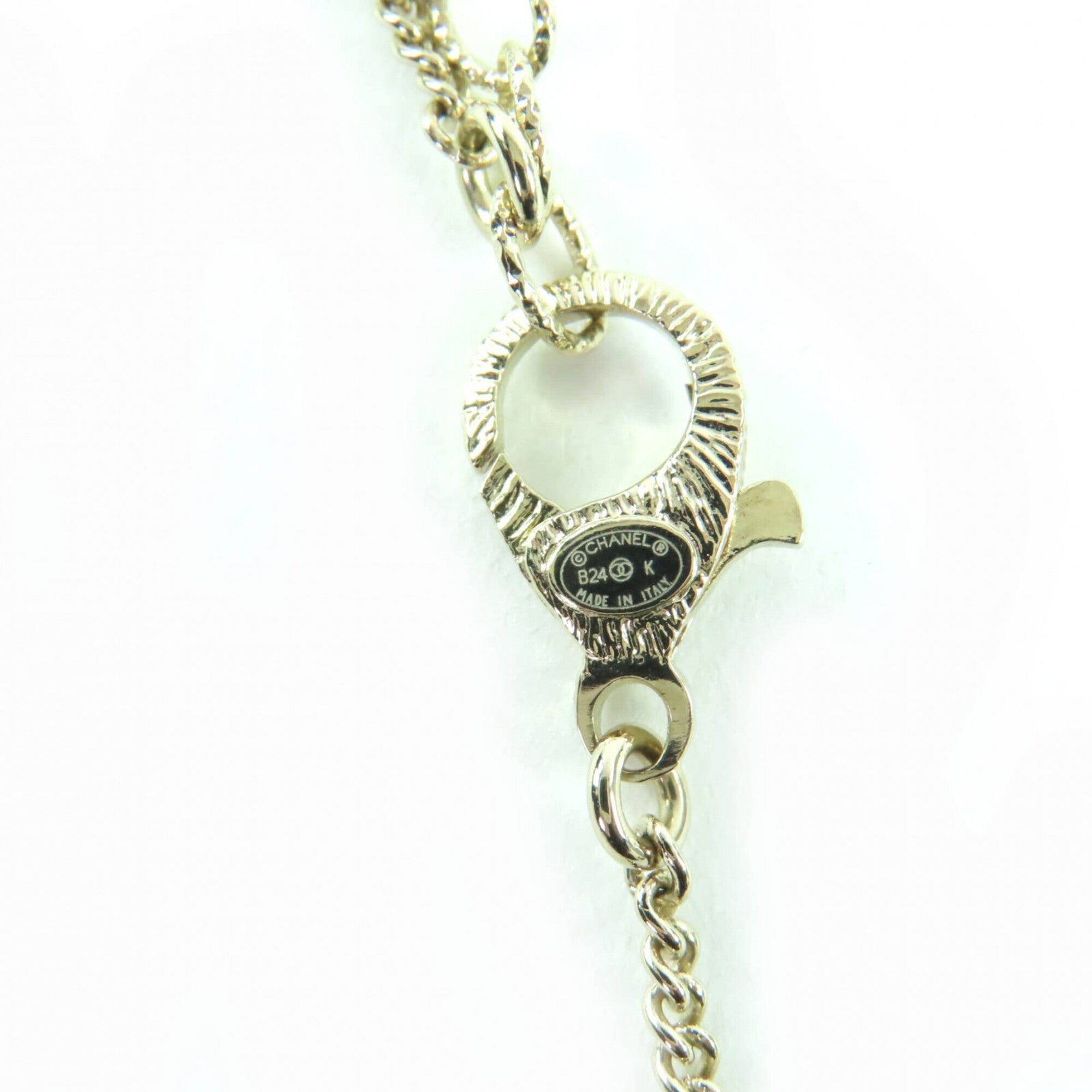 CHANEL B24K Coco Mark Ribbon Rhinestone Necklace, Champagne Gold, with Box, Made in Italy, Women's — Like New