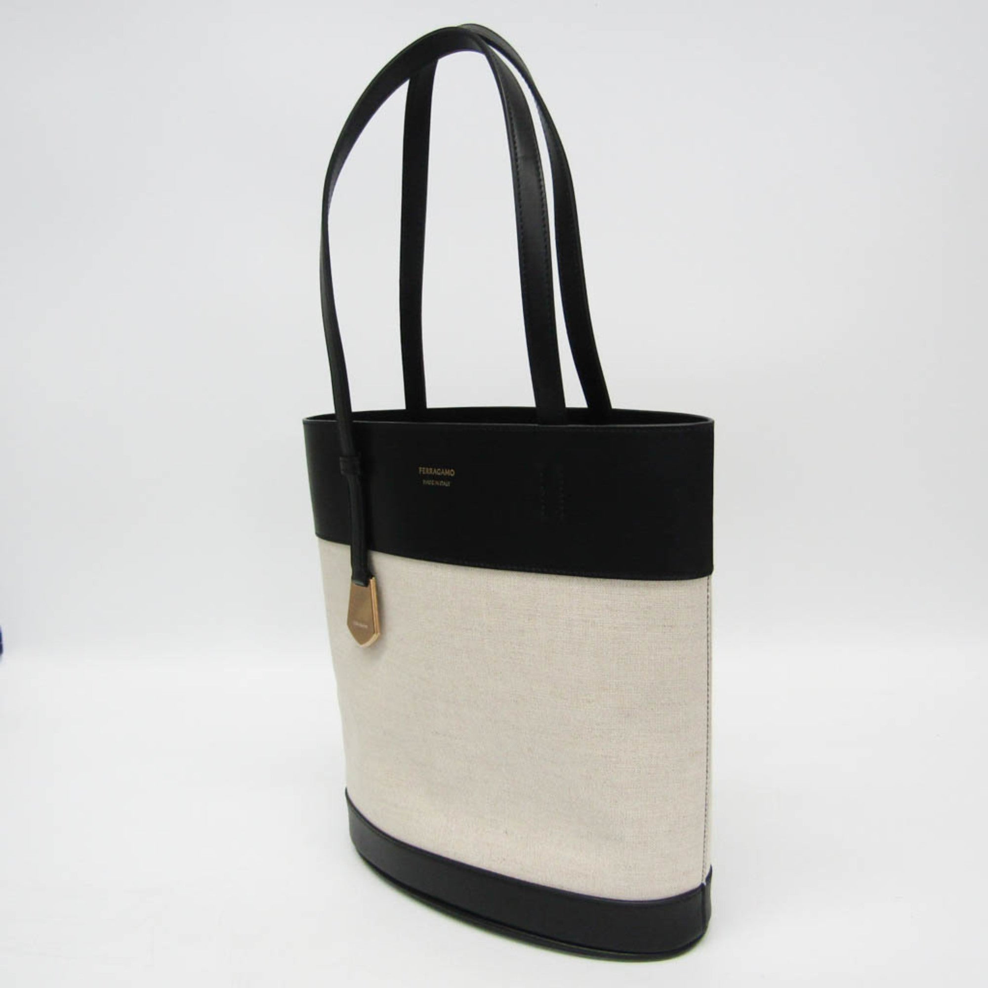Salvatore Ferragamo Charming Tote Bag AU-21/7533 Women's Leather,Canvas Shoulder Bag,Tote Bag Black,Light Brown — Like New