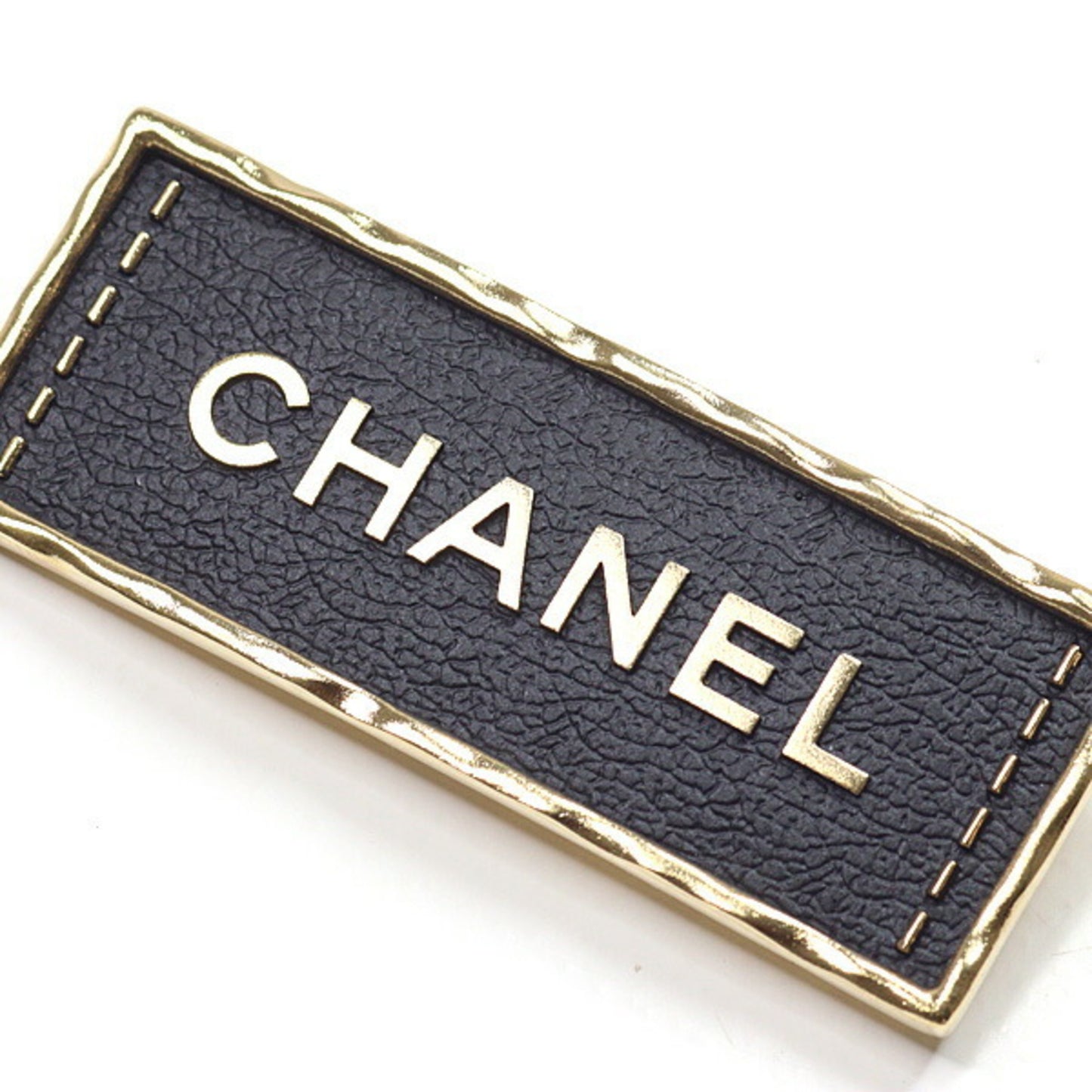 CHANEL Brooch Metal Leather Gold Black Tag A23S