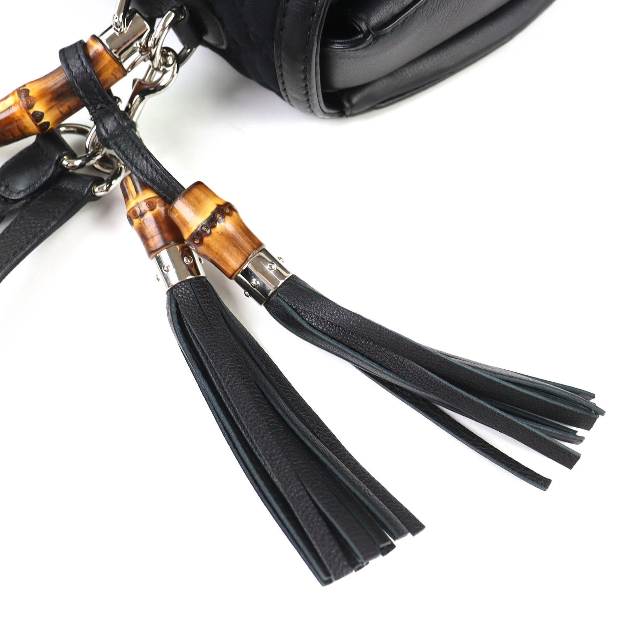 GUCCI 240241 Leather Microssima New Bamboo 2-Way Handbag Chain Shoulder Bag Black Silver Hardware with Dust Made in Italy Women's — Like New