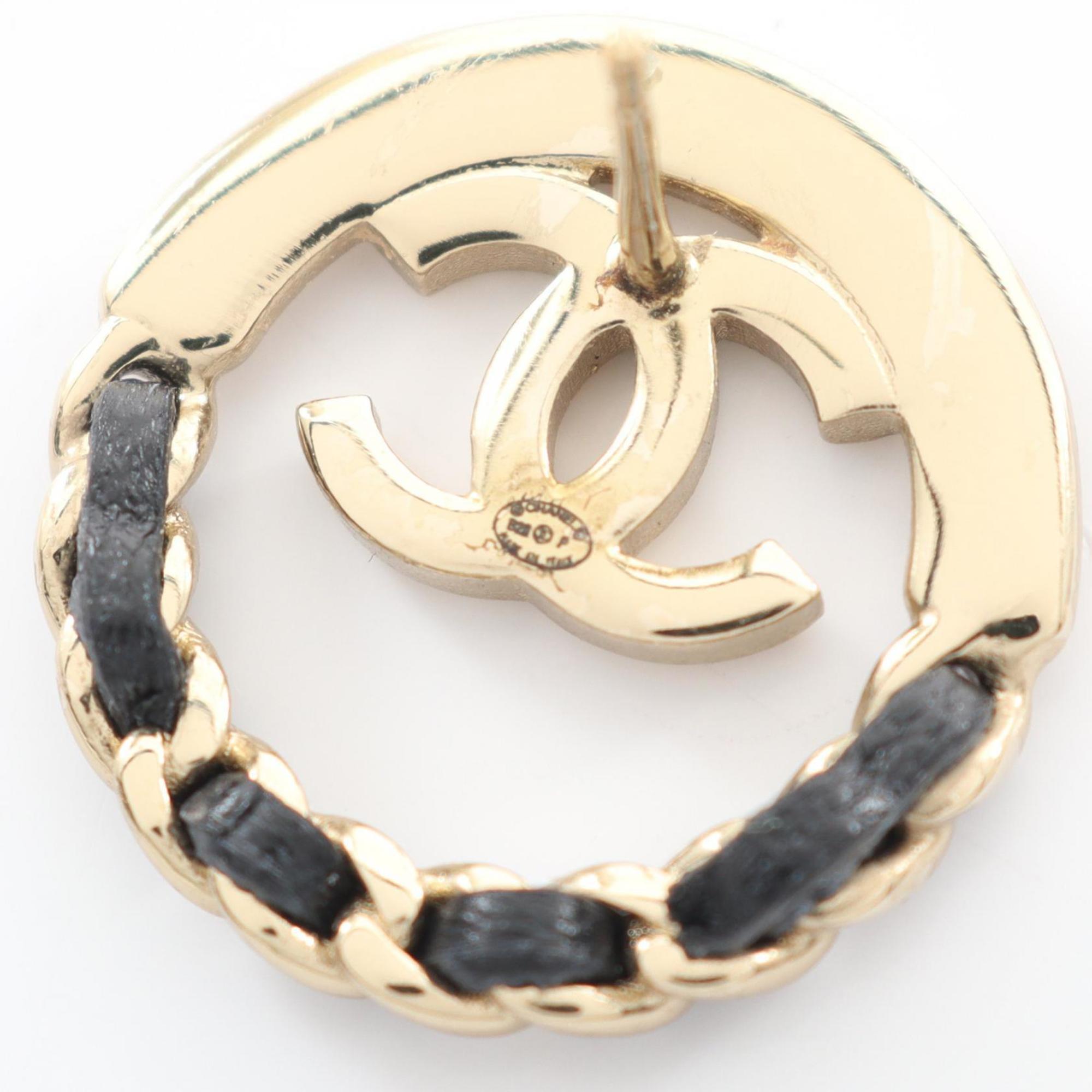 CHANEL Coco Mark Earrings, Gold-Plated Leather, Women's, Gold and Black