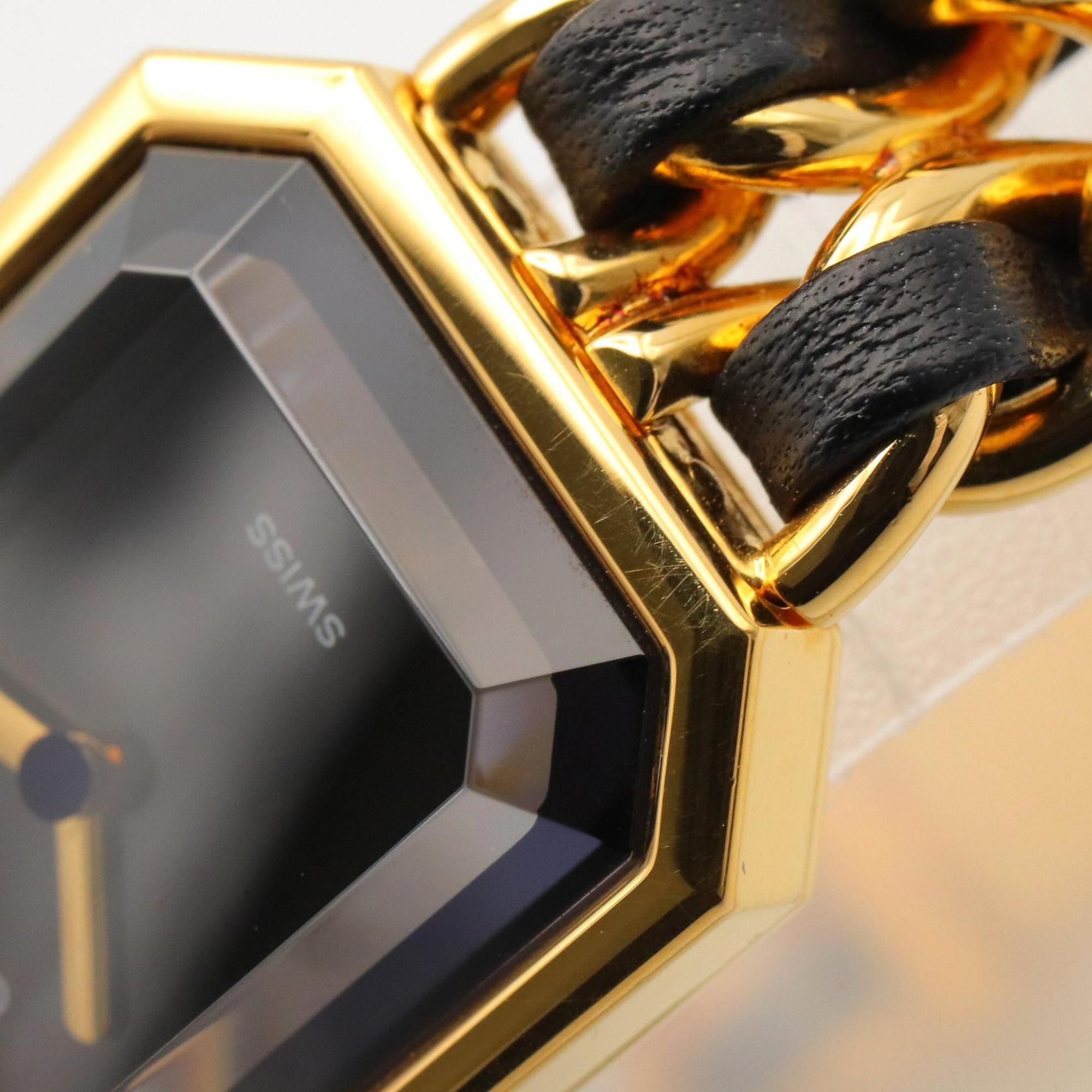 CHANEL Premiere M Watch, Gold-Plated, with Leather Strap, Black, Women's, H0001 — Very Good