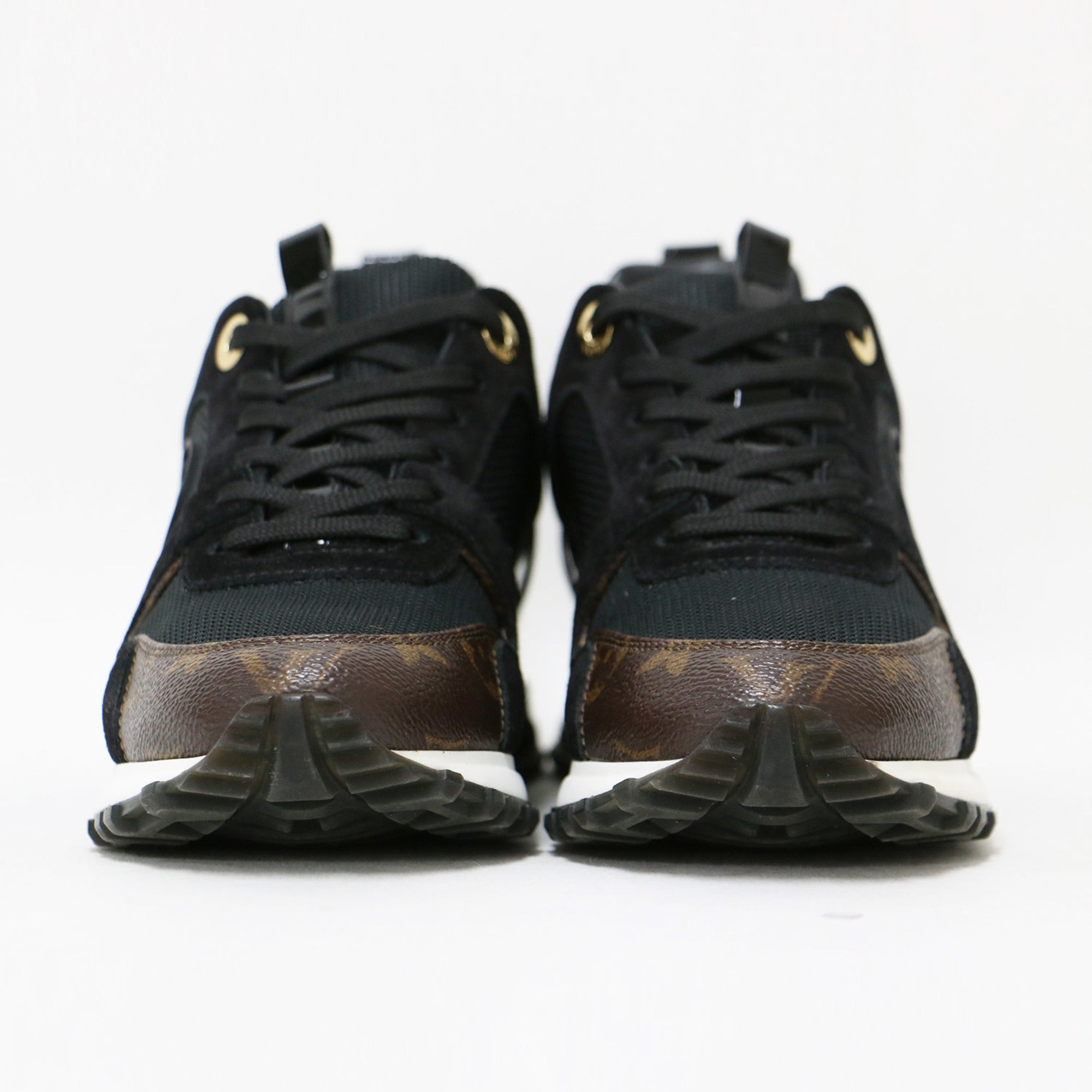 LOUIS VUITTON Louis Vuitton Sneakers Black Brown Gold Size: 34 1/2 (22.0 cm) Runaway Monogram Mesh Suede Combi Lace-up Low Cut Women's