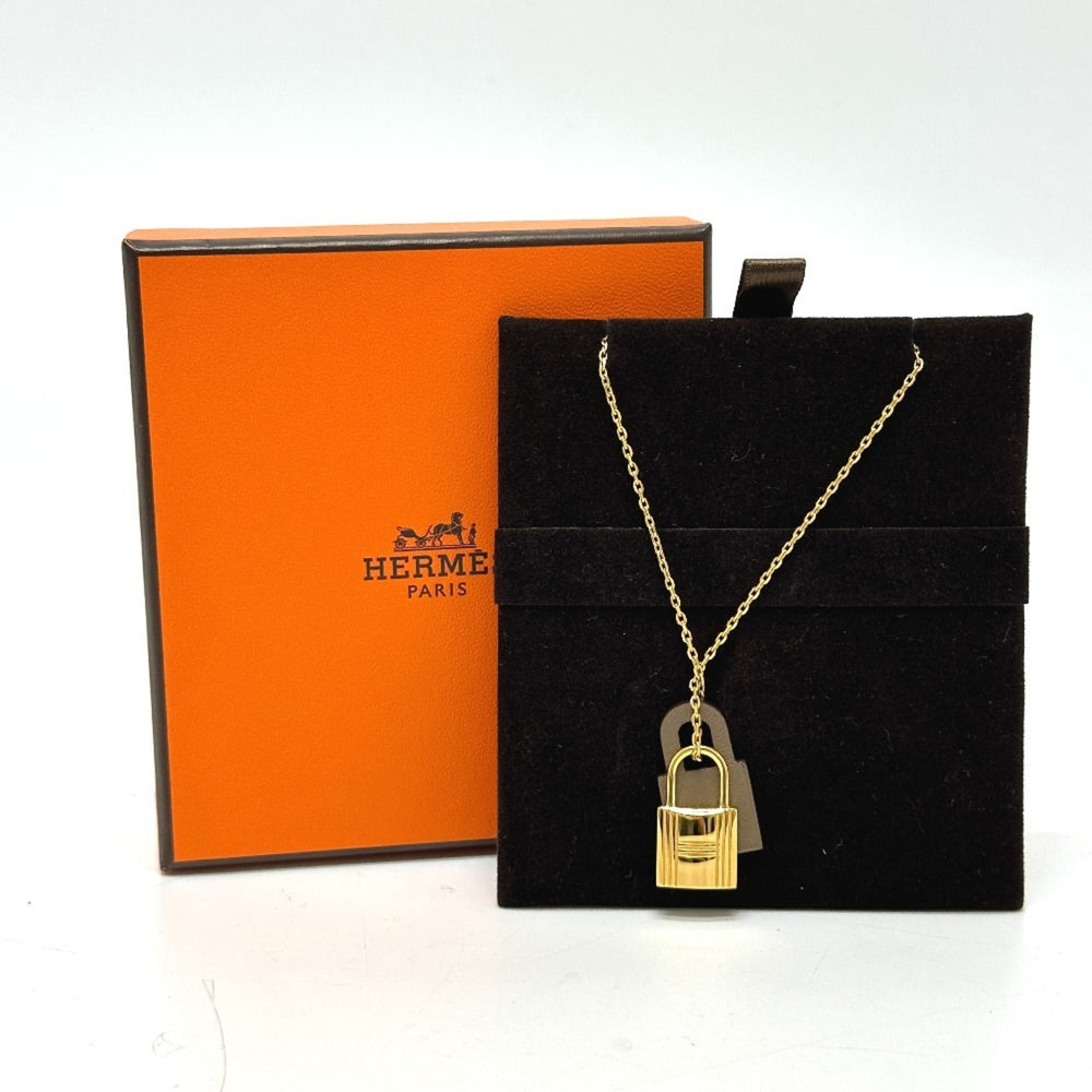 HERMES O'Kelly PM Necklace with Padlock Motif, GP Swift Leather, Etoupe Brown, Like New — Like New