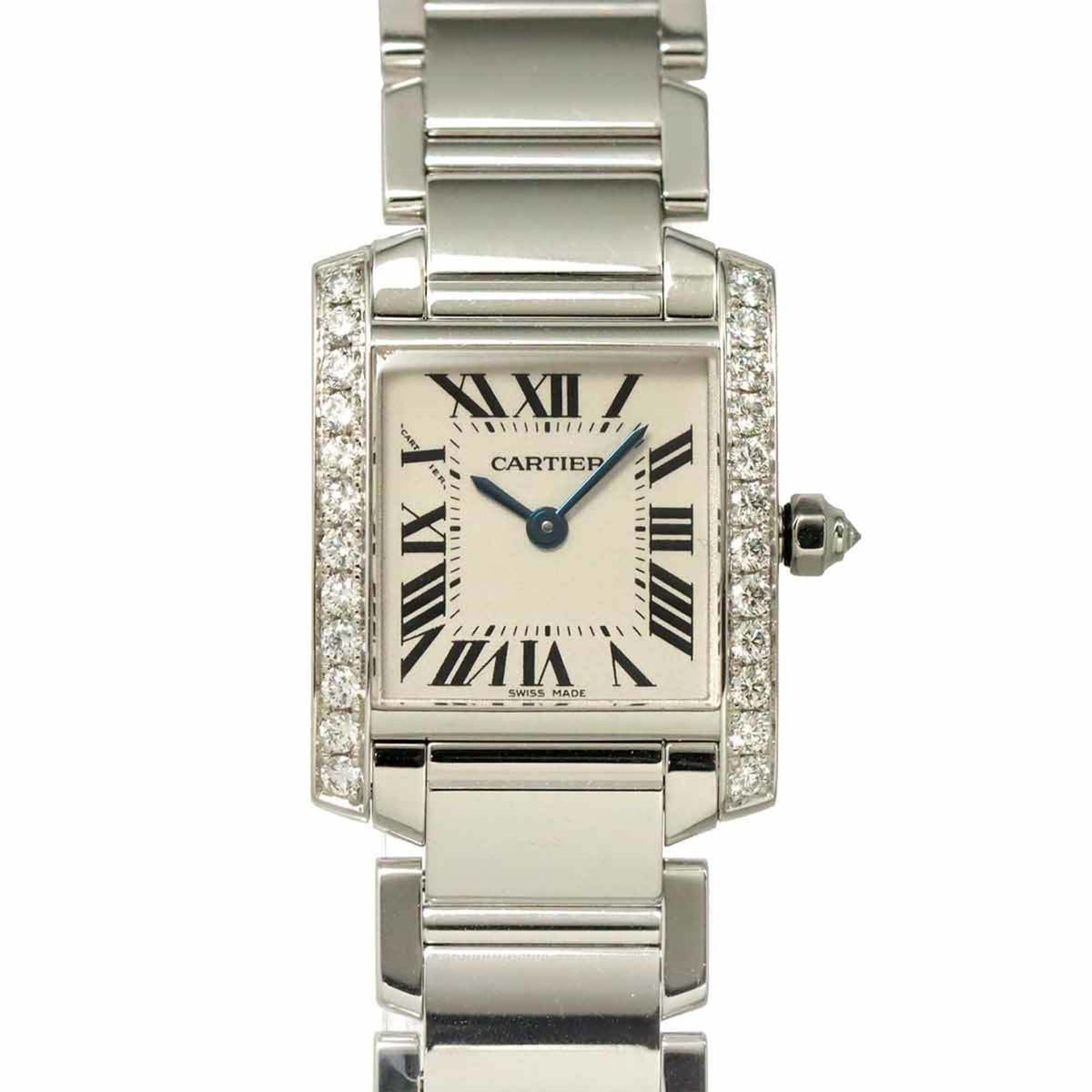 Cartier Tank Francaise SM WE1002S3 Ladies' Watch, Diamond Bezel, Ivory, 18K White Gold, Quartz — Like New