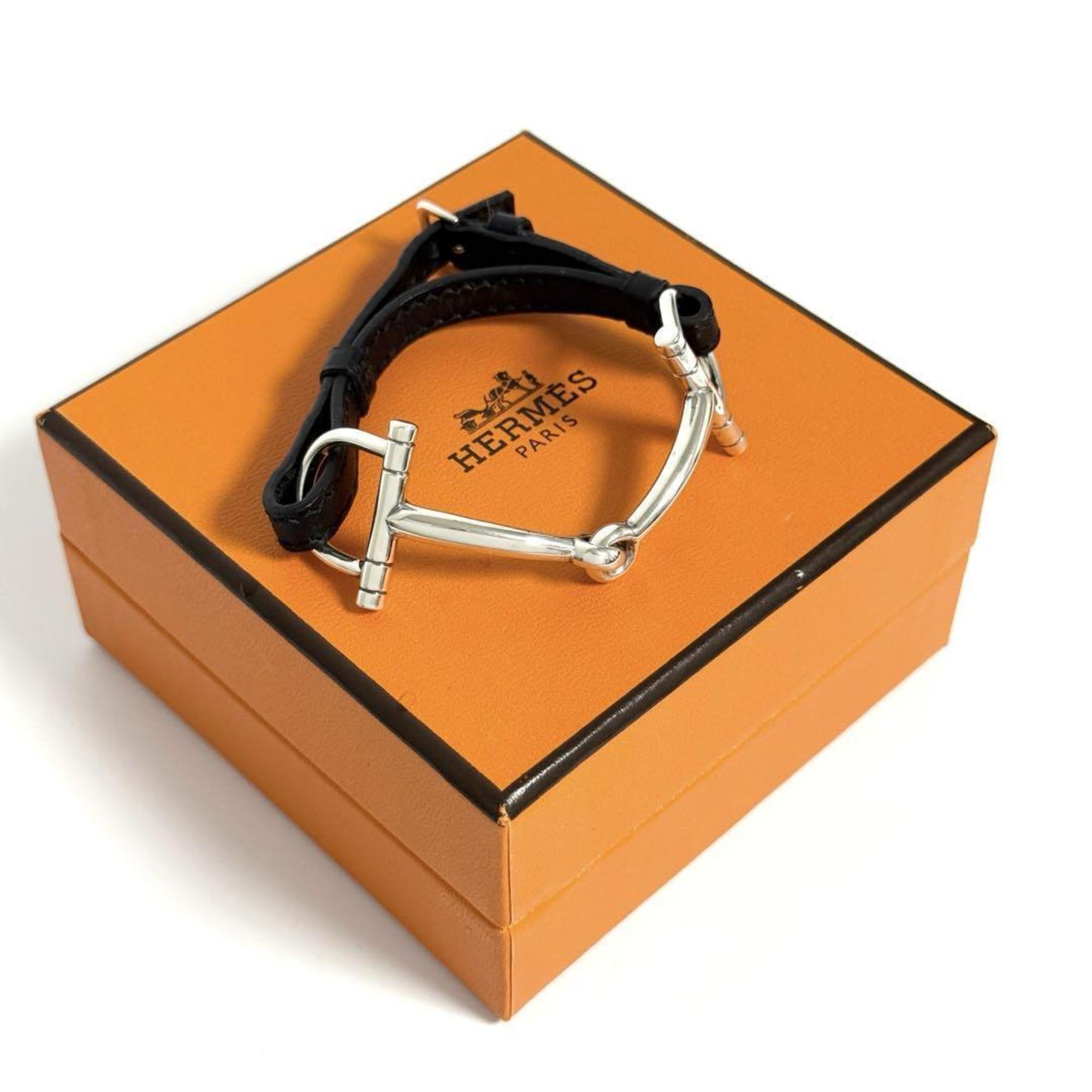 Hermes Horsebit Bracelet, Silver, Leather, Black, 16cm — Like New