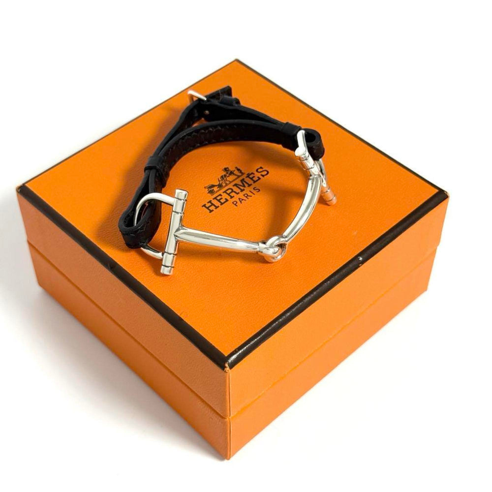 Hermes Horsebit Bracelet, Silver, Leather, Black, 16cm — Like New