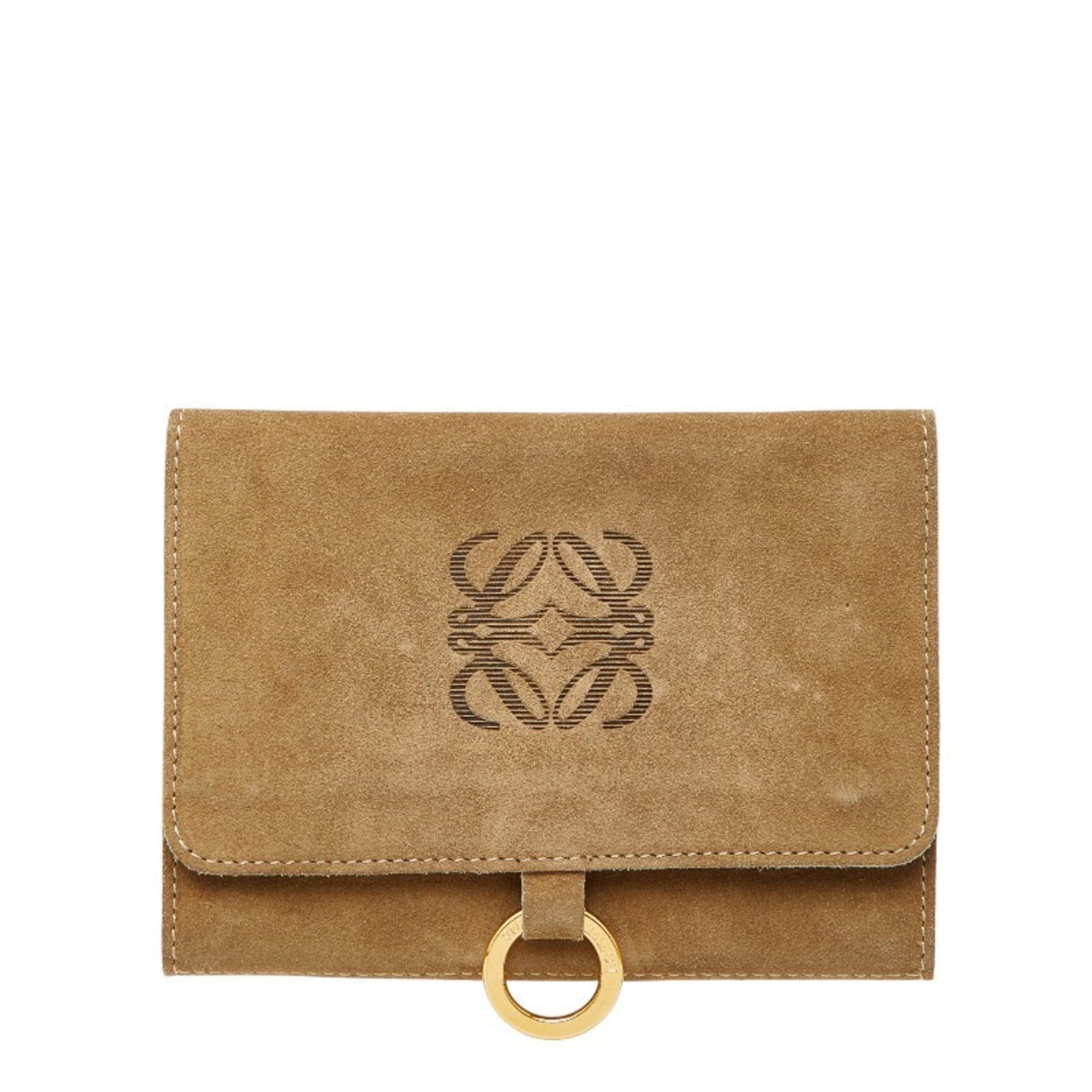 LOEWE Anagram Pouch Tri-fold Wallet in Beige Suede for Women