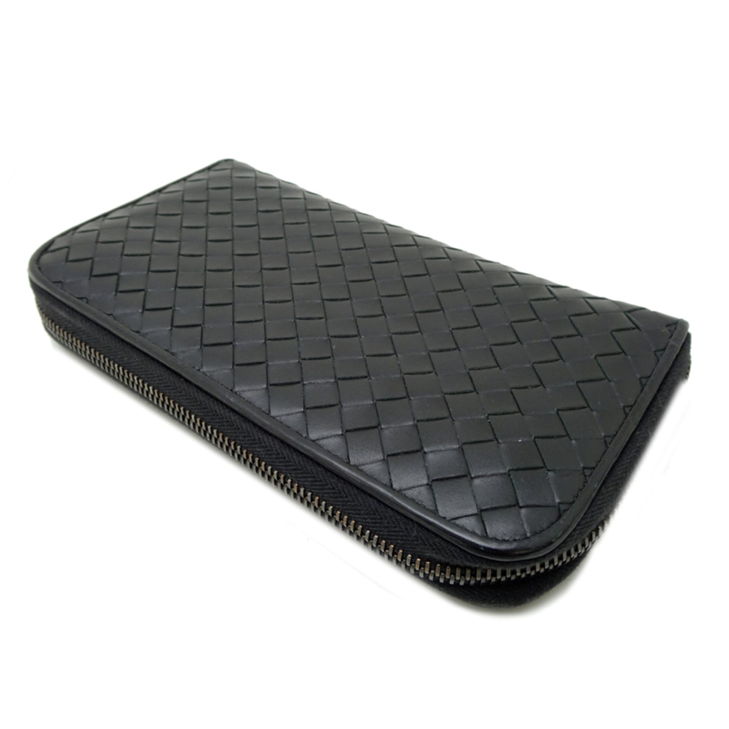 Bottega Veneta Intrecciato Zip Wallet, Women's and Men's Long Wallet 114076, Black Leather