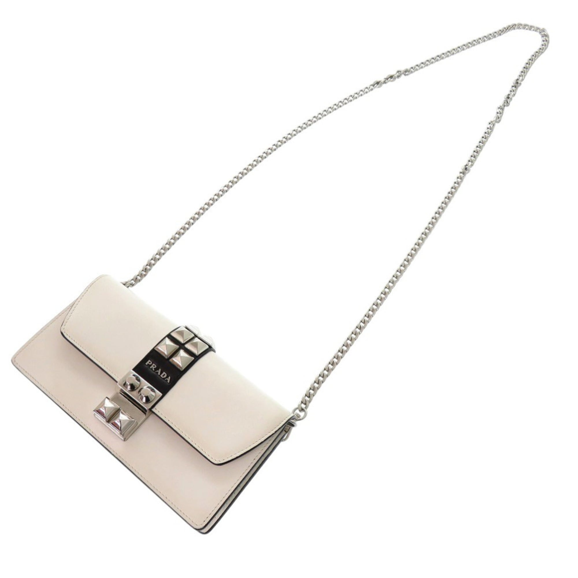 Prada Studded Chain Wallet Crossbody Long in White Leather 1430