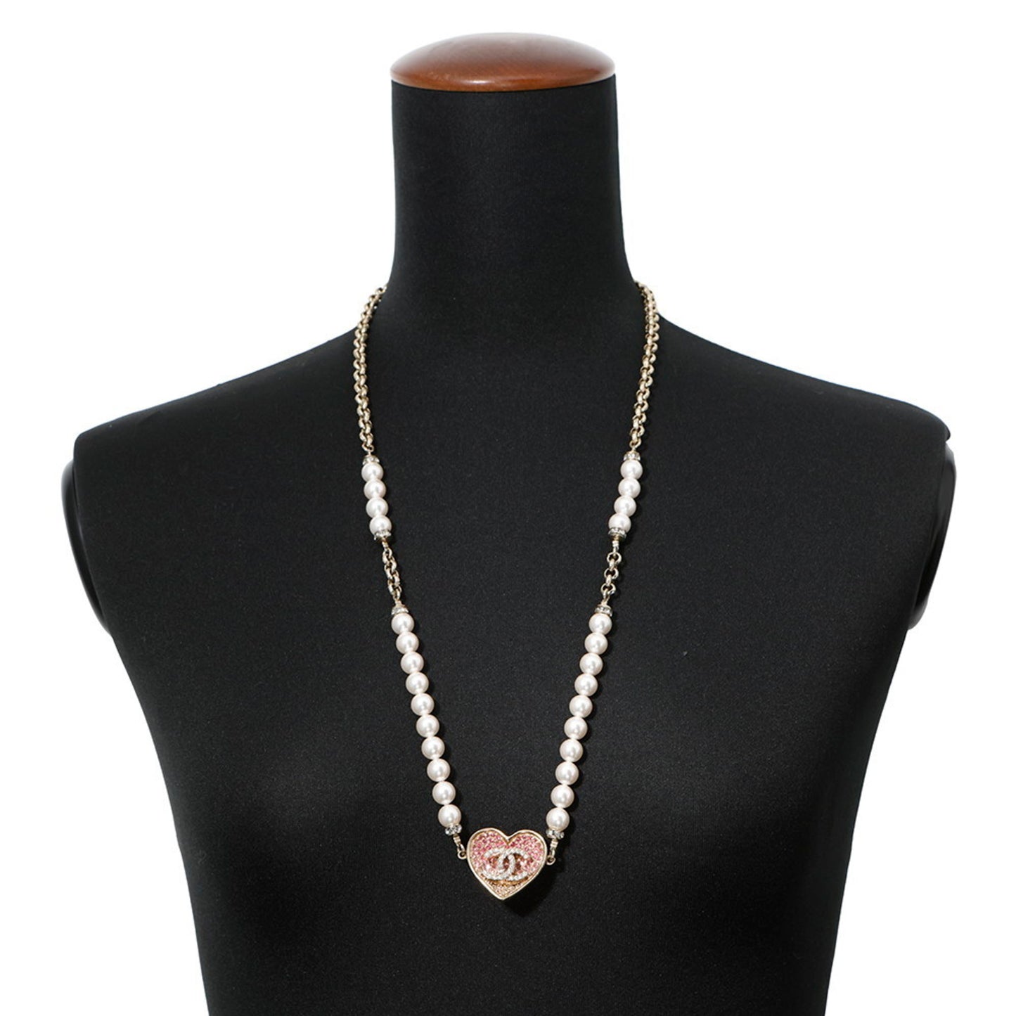 Chanel Coco Mark Heart Motif Rhinestone Faux Pearl Necklace C23P CHANEL
