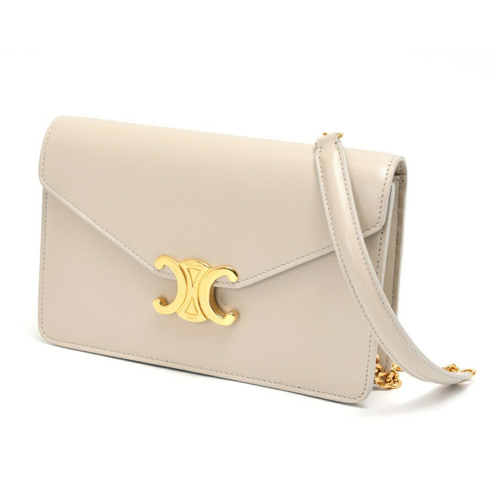 CELINE Chain Wallet Margot Shoulder 10L03 Shiny Calfskin Greige S-157624