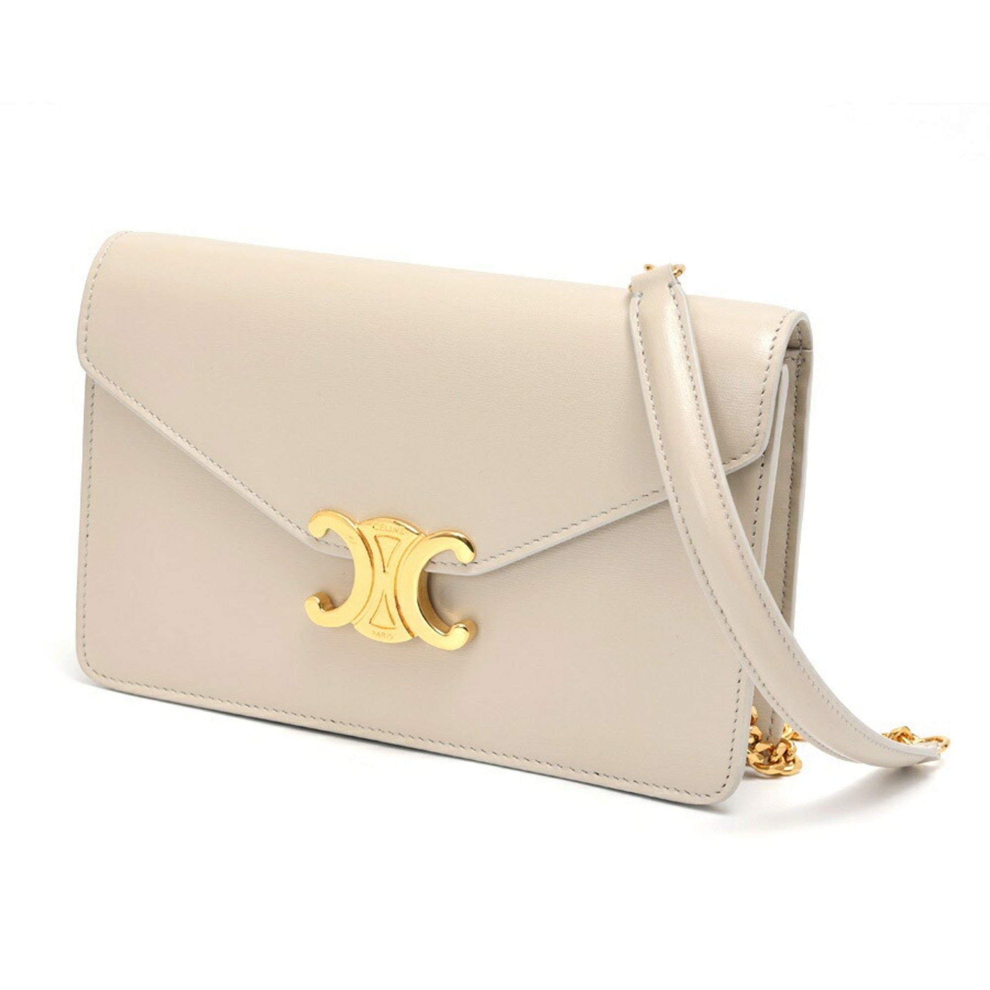 CELINE Chain Wallet Margot Shoulder 10L03 Shiny Calfskin Greige S-157624