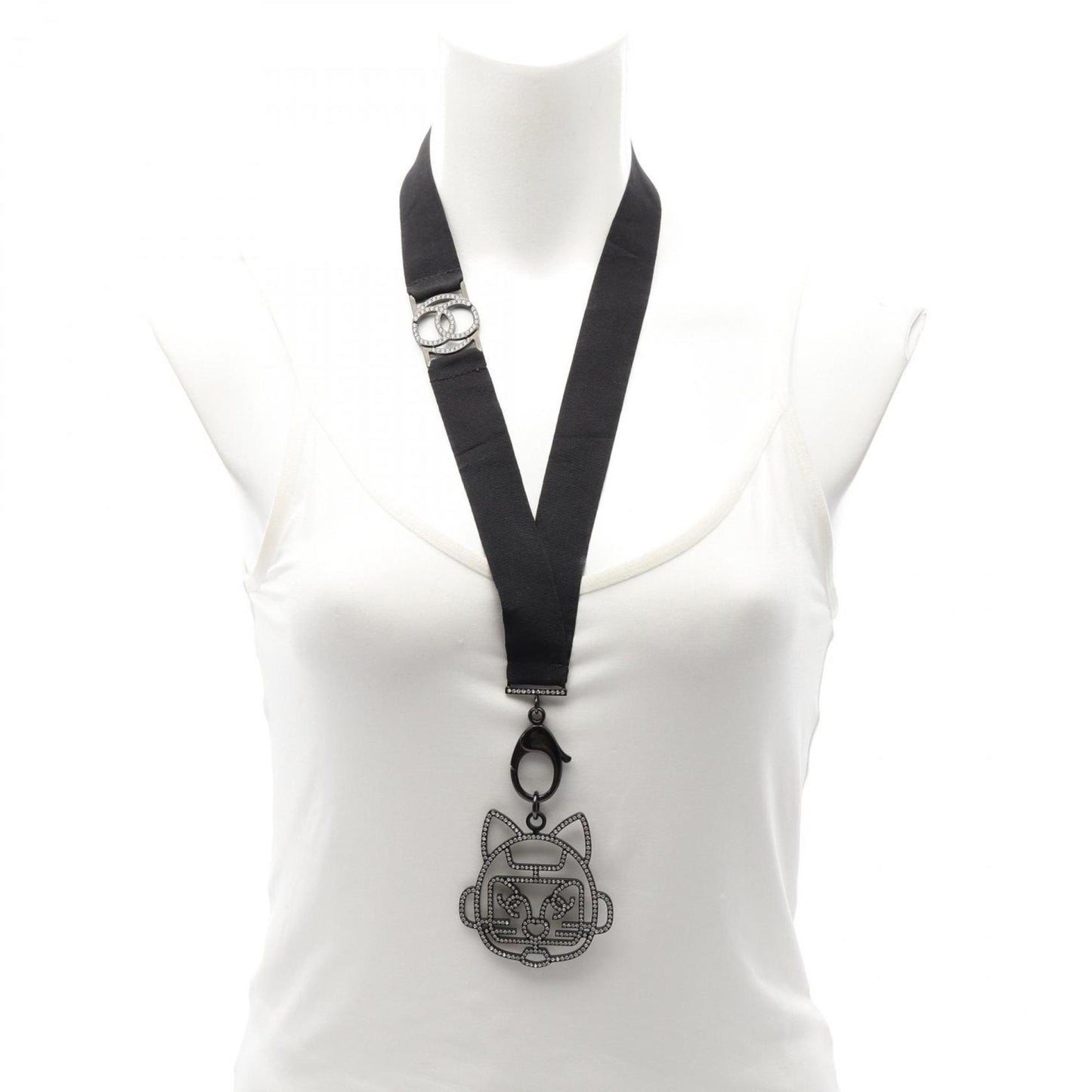 Chanel Coco Mark Cat Robot Necklace, Stainless Steel with Rhinestones, Women's, Black and Clear