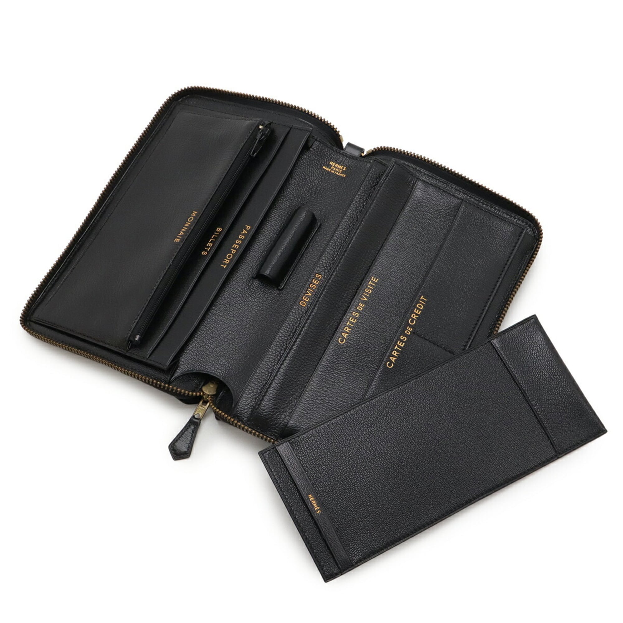 HERMES Charlie Travel Case, Multi-Purpose Passport Round Wallet, Box Calf Leather, Black, 〇U Stamp
