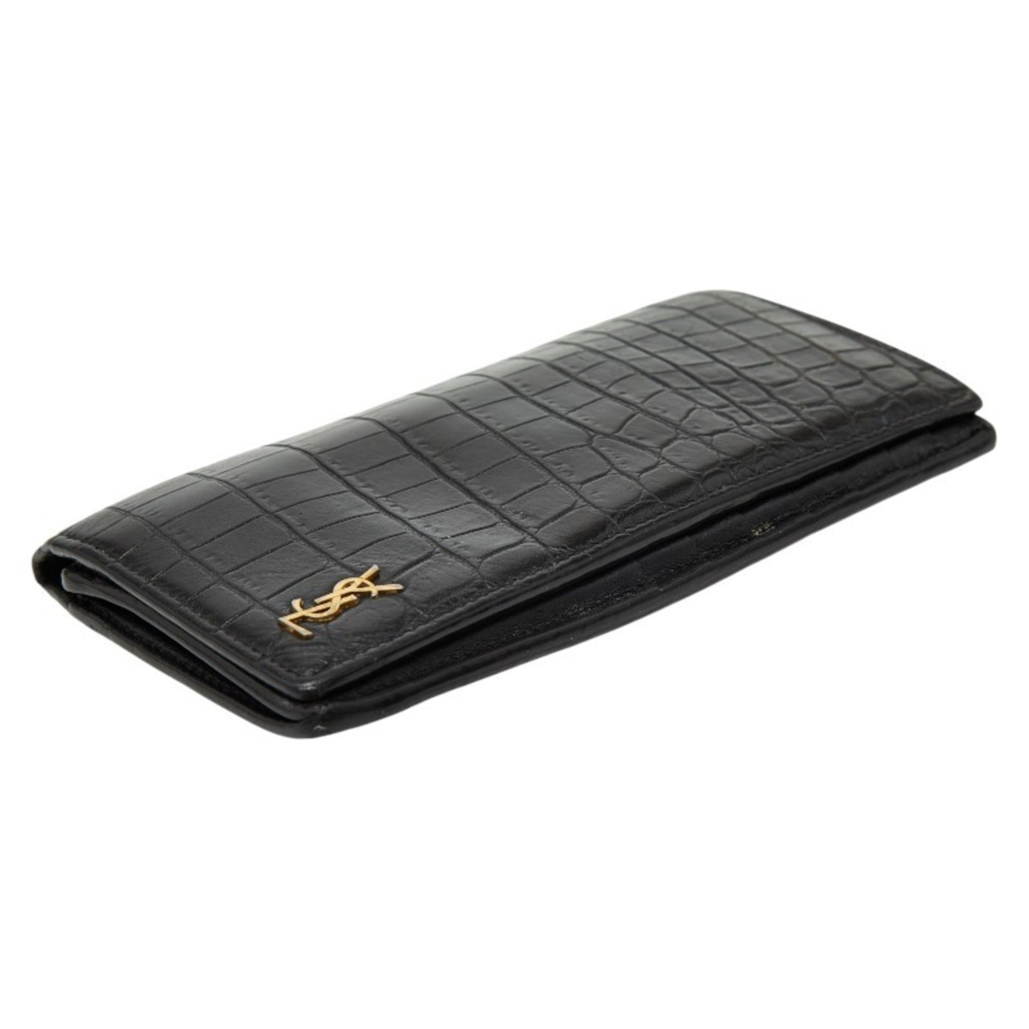 Saint Laurent Tiny YSL Logo Crocodile Embossed Continental Wallet 607746 Black Leather Women's SAINT LAURENT