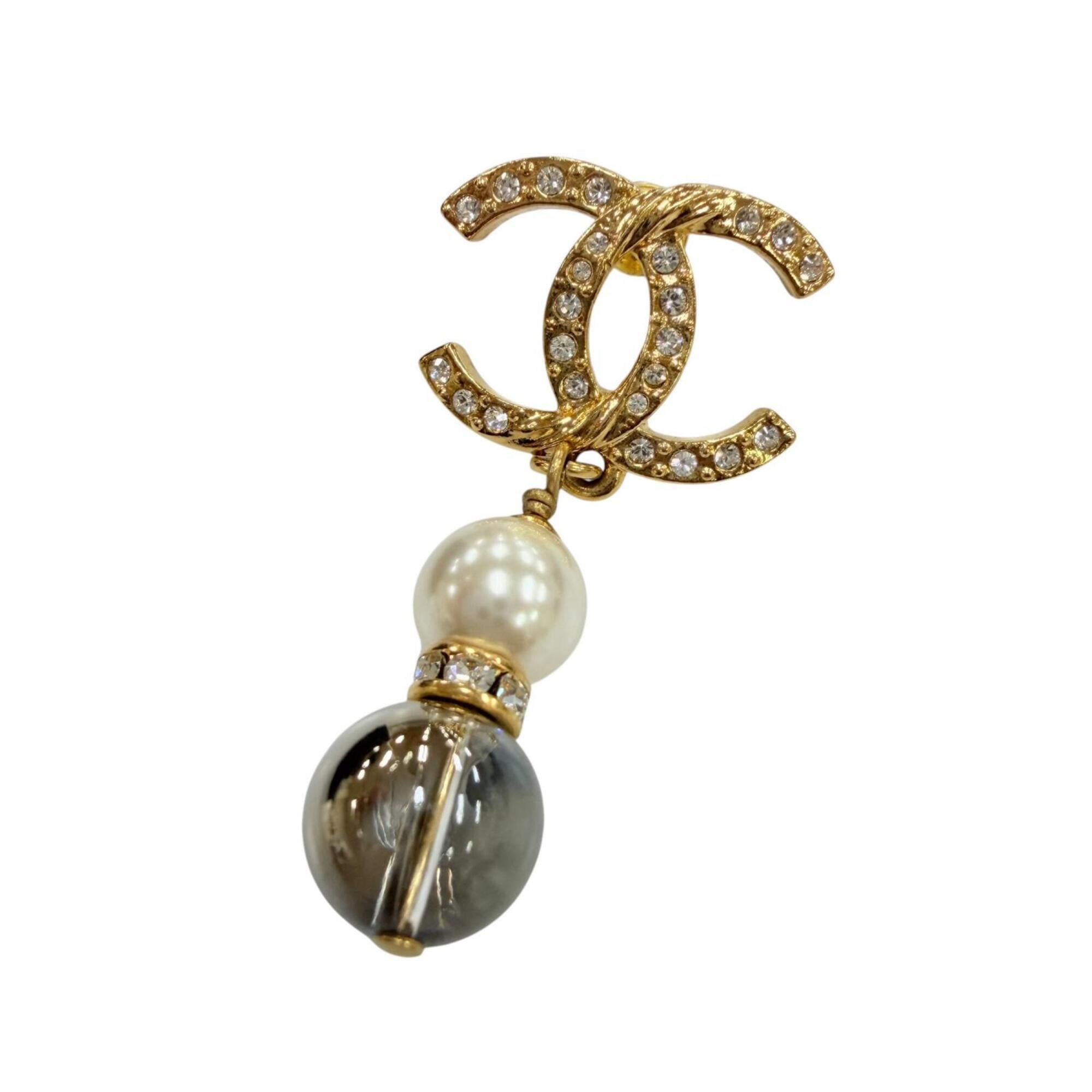 CHANEL A23C Coco Mark Rhinestone Pearl Stone Swing Earrings, Gold, Made in France, Women's, with Box and Dust Bag — Like New