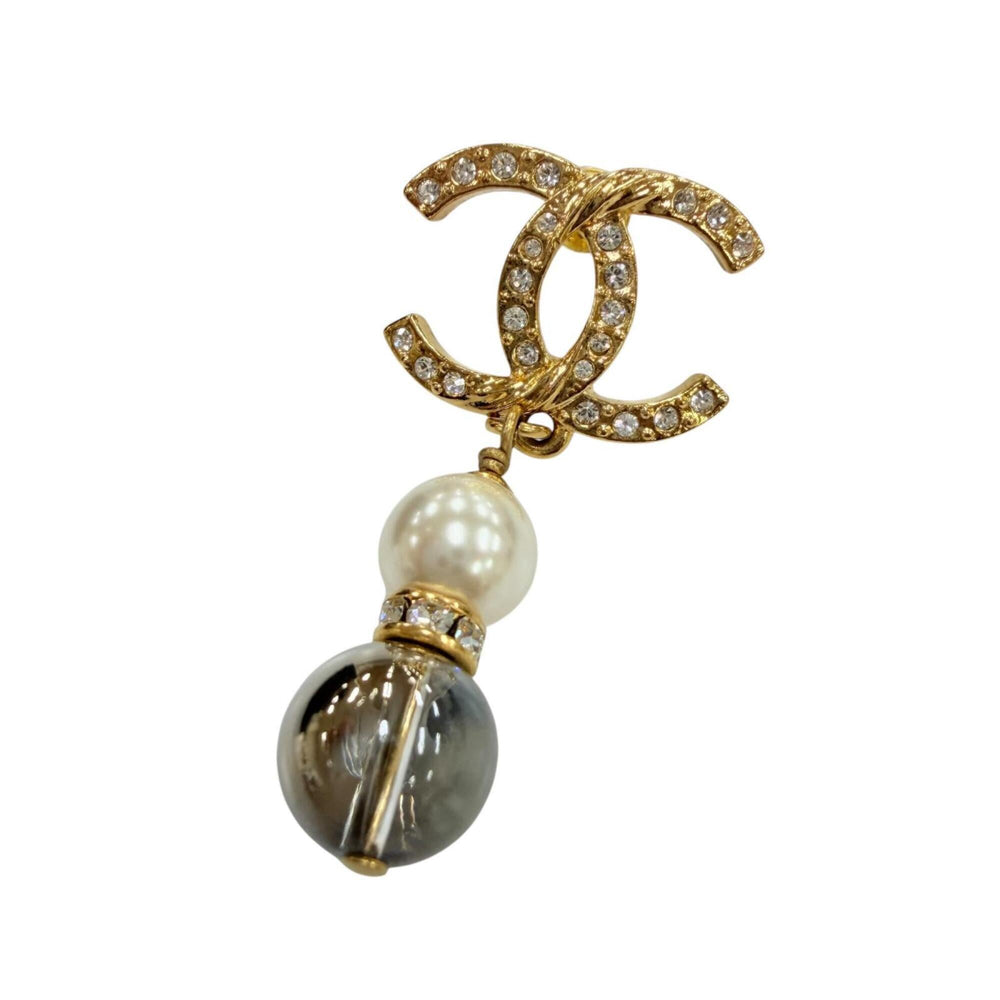 CHANEL A23C Coco Mark Rhinestone Pearl Stone Swing Earrings, Gold, Made in France, Women's, with Box and Dust Bag — Like New