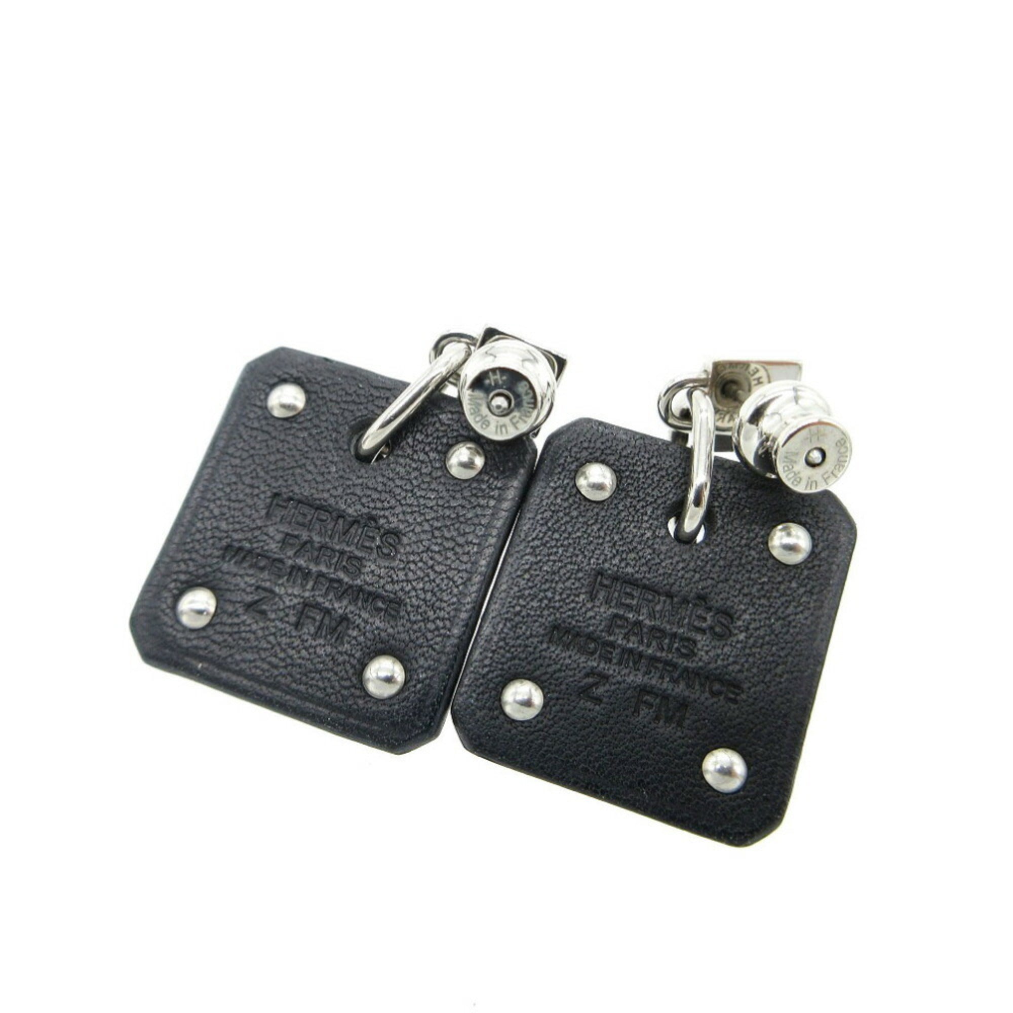 Unused Hermes As de Coeur Heart Earrings Leather/Metal Black/Silver Z Stamp 0268HERMES — New - Store Return