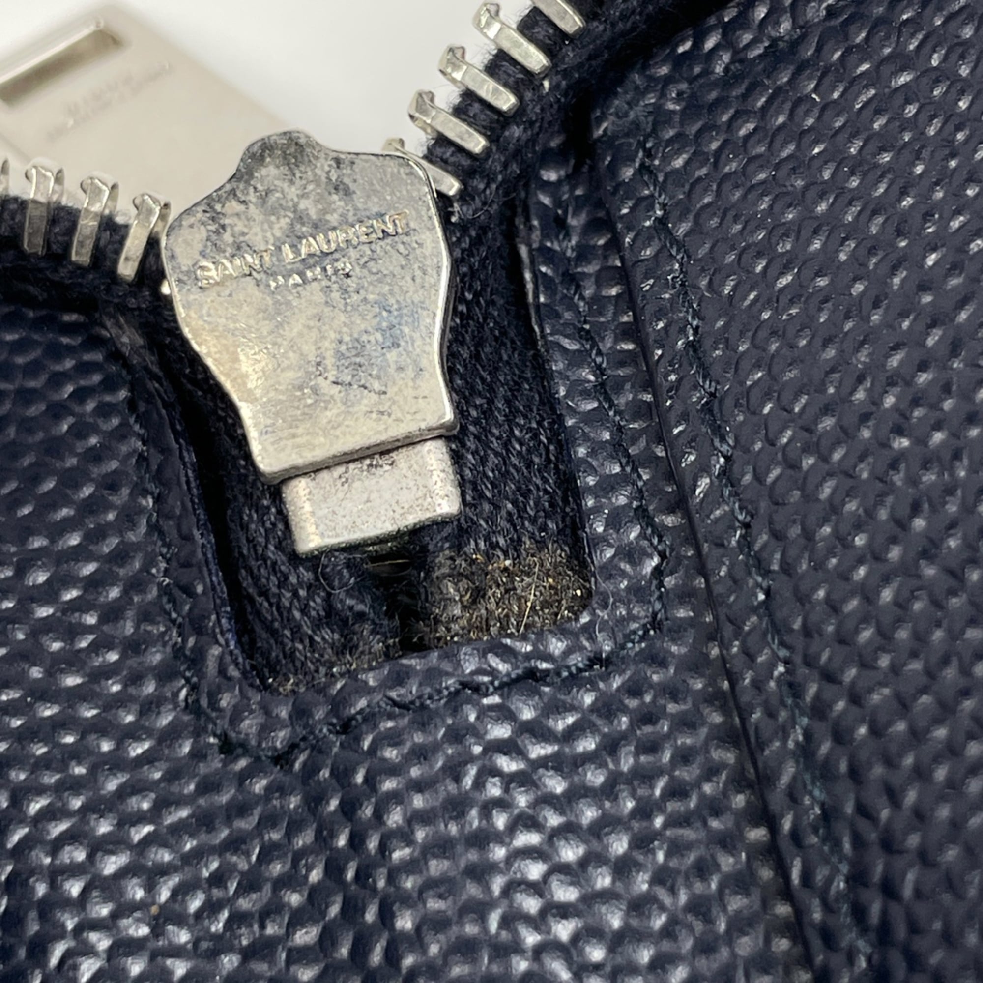 Saint Laurent logo round zipper long wallet with bill compartment and coin purse, leather, navy, 344076, women's