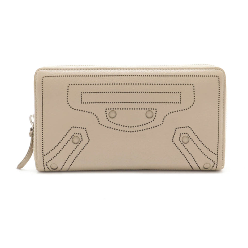 BALENCIAGA Classic Continental Zip Around Punching Round Long Wallet Leather Greige 443521