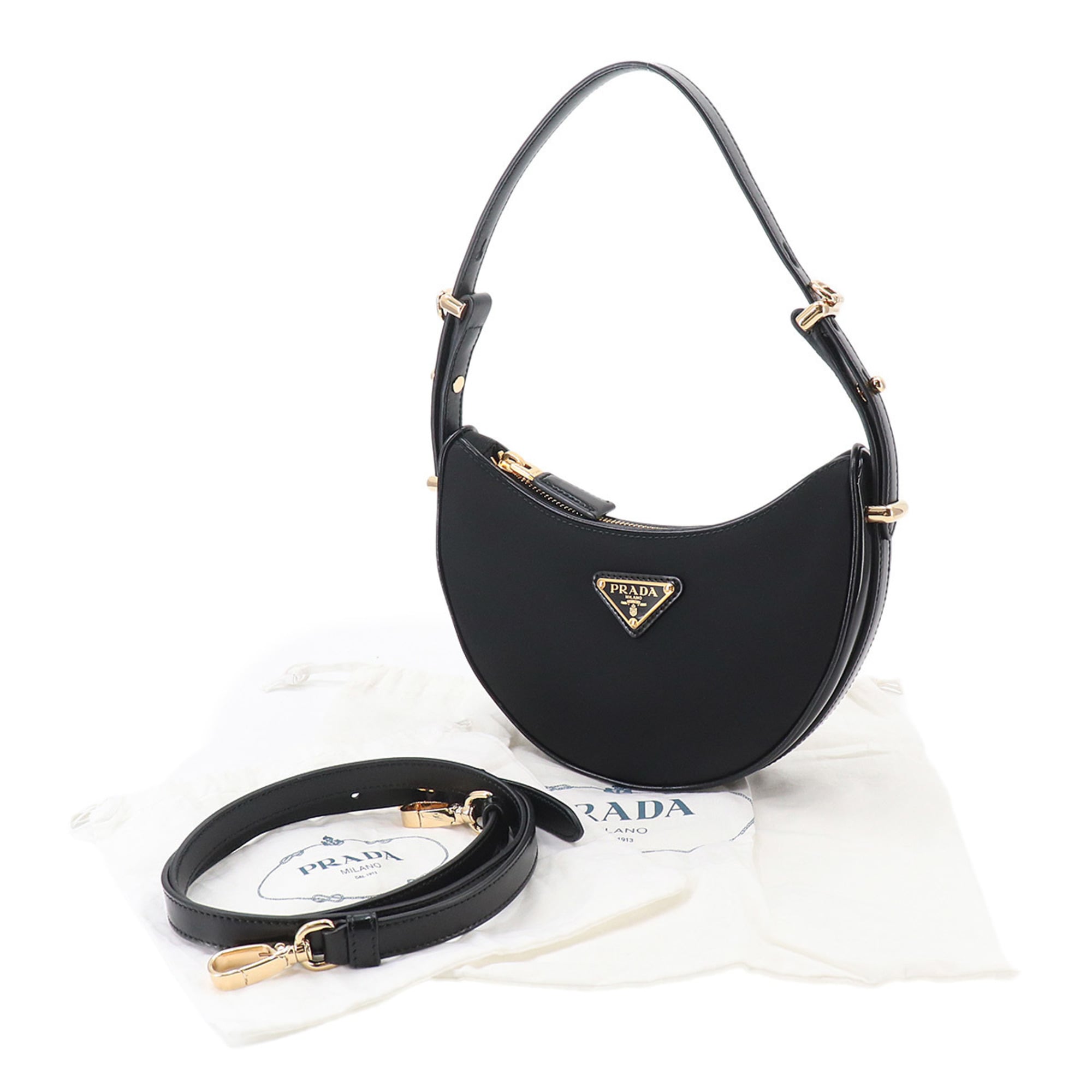 Prada Arque Small 2-way Hand/Shoulder Handbag, Nylon and Leather, Black, 1BC194, Gold Hardware — New - Store Return