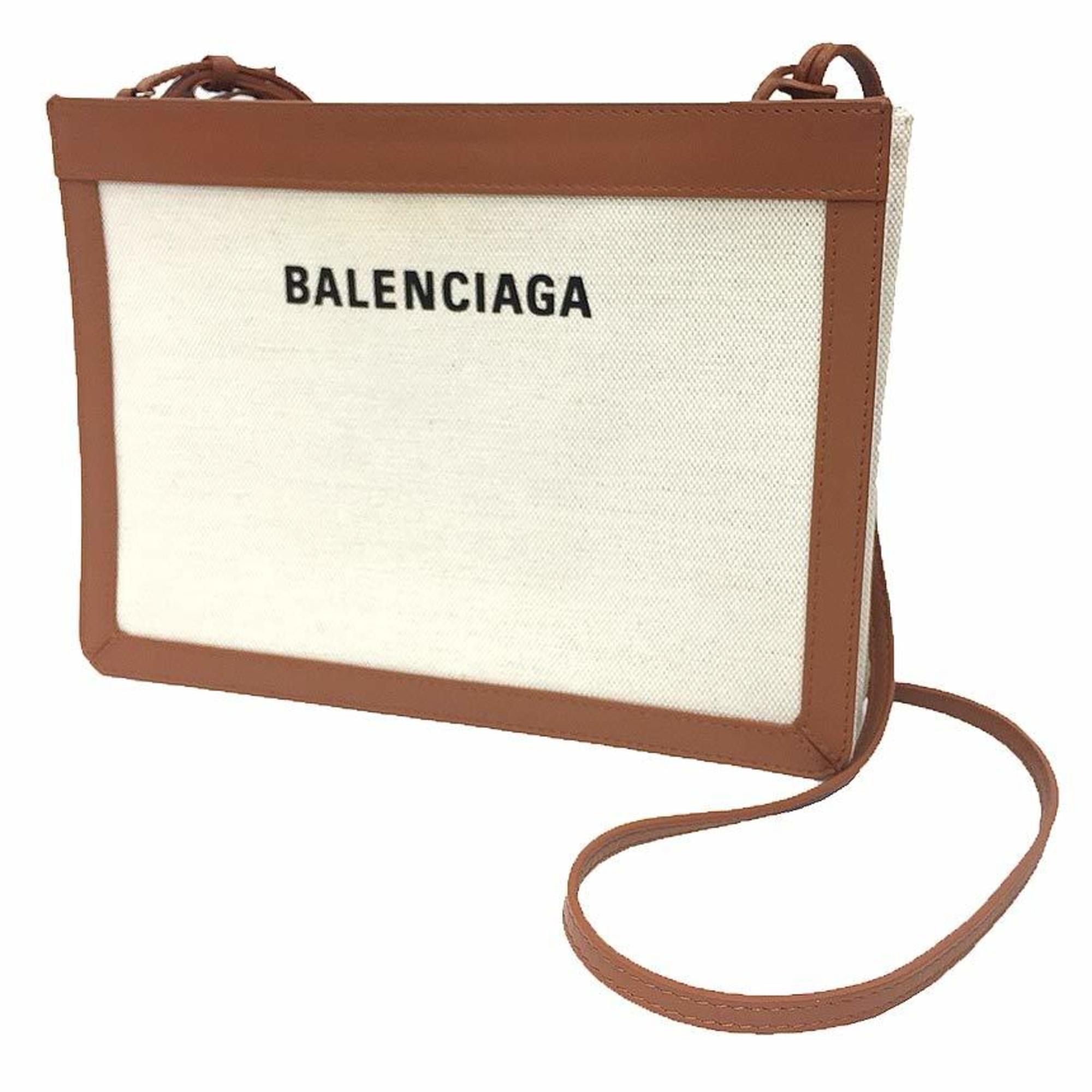 BALENCIAGA Navy Pochette Shoulder Bag 39937 Canvas/Leather White/Brown — Like New