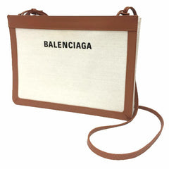 BALENCIAGA Navy Pochette Shoulder Bag 39937 Canvas/Leather White/Brown — Like New