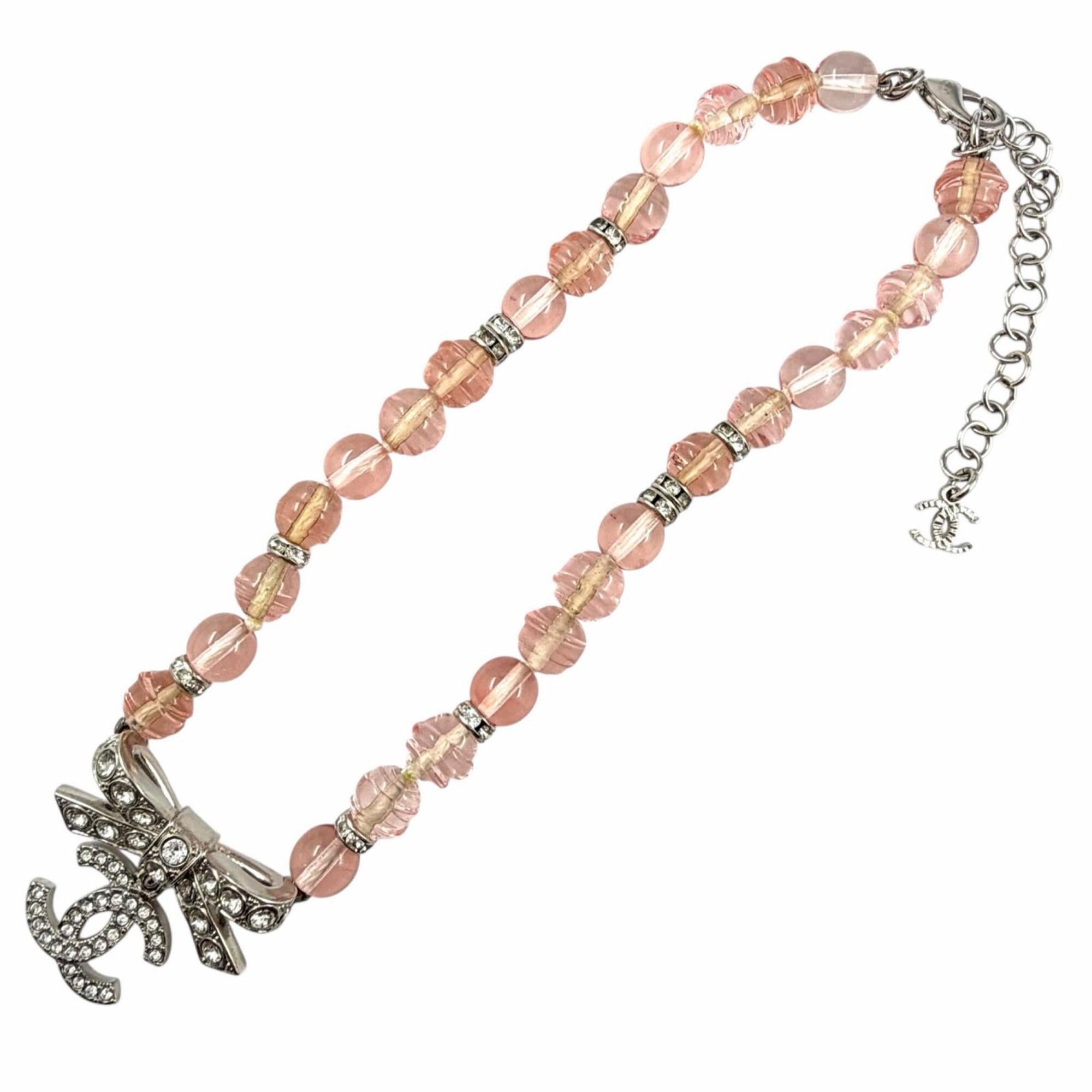 CHANEL (Chanel) 2023 Model B23S Coco Mark Ribbon Rhinestone Choker Necklace, Pink and Silver, with Box, Made in Italy, Women's — Like New