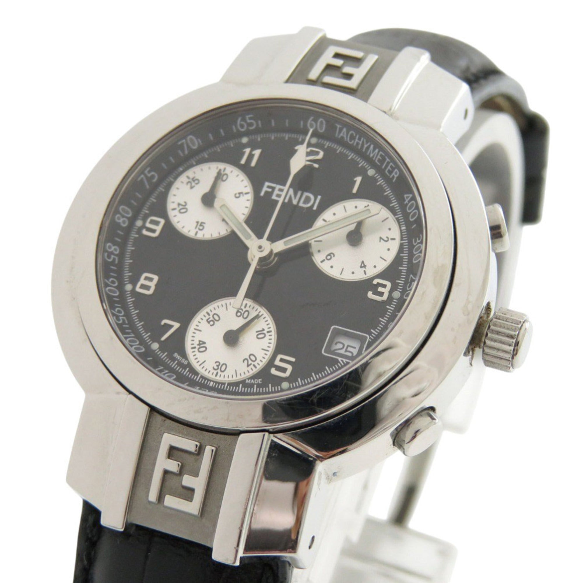 Fendi 4500L Horology Chronograph Stainless Steel Leather Black Quartz Watch with Dial 1735 FENDI — Good