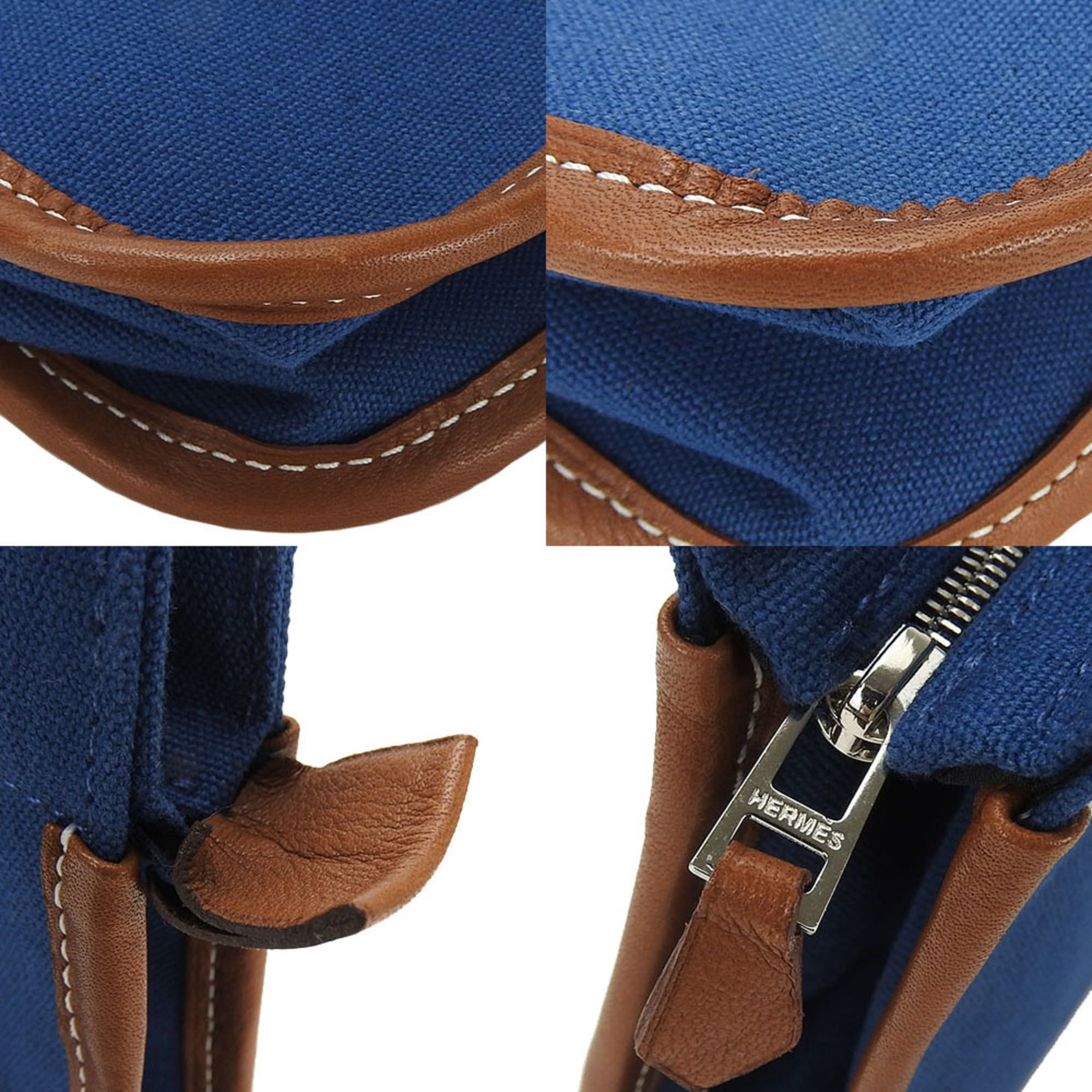 Hermes clutch bag canvas leather navy brown ladies HERMES blue