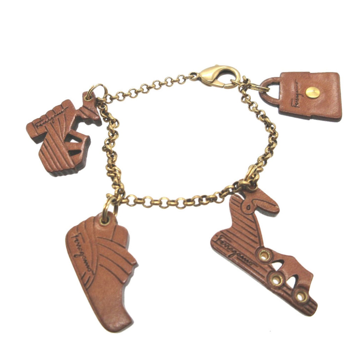 Excellent condition Salvatore Ferragamo leather shoes, bag, metal bag charm, brown bracelet, 0019