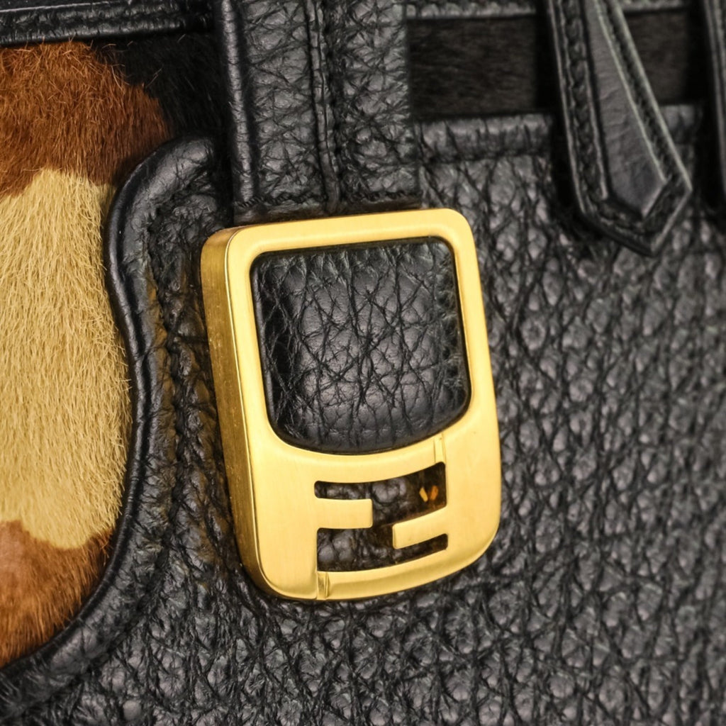 FENDI Chameleon Bag, Leather and Harako 2-Way Handbag, Black Brown, Women's